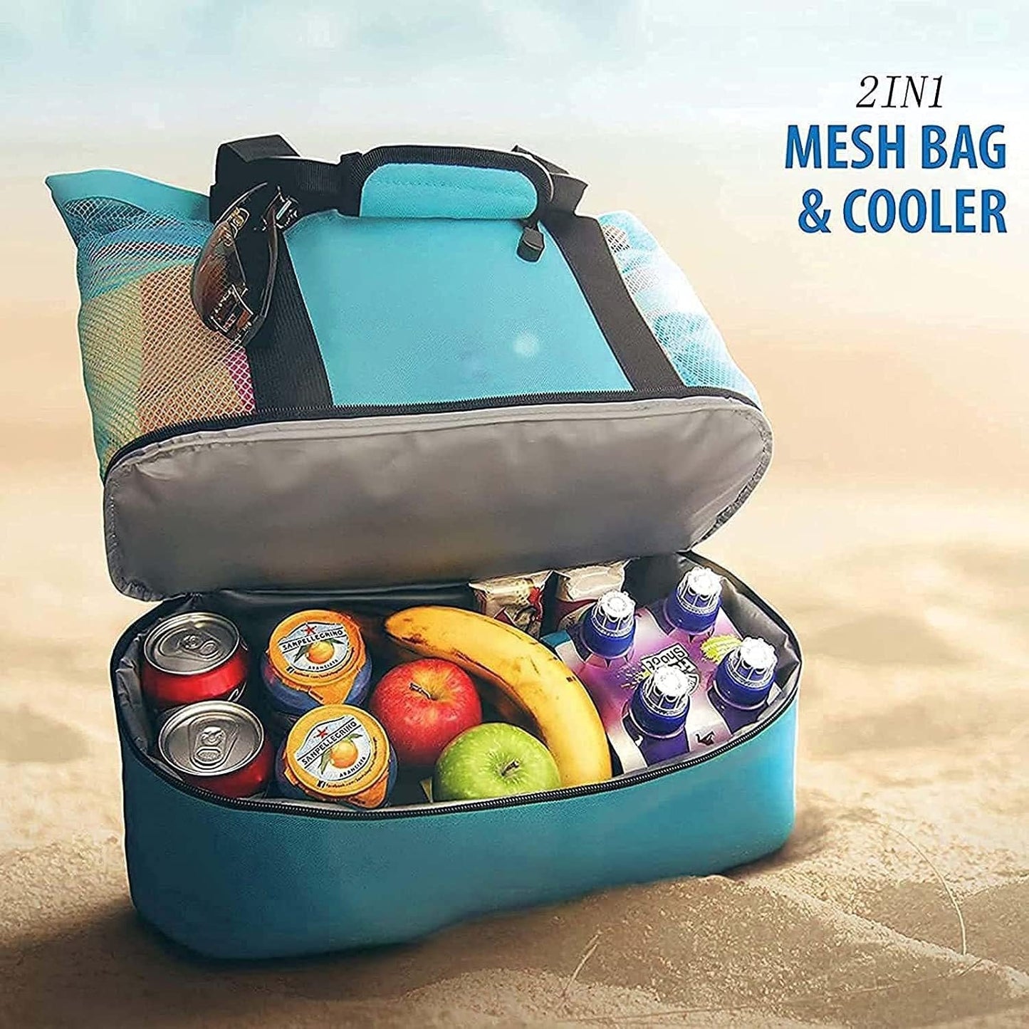 Mesh Beach Bag with Cooler Bag, Large Mesh Beach Tote Bags, Cooler Bags Insulated for Travel, Beach Toys Bag, Summer Vacation Travel Essentials for Women Kids, for Picnic Pool Travel