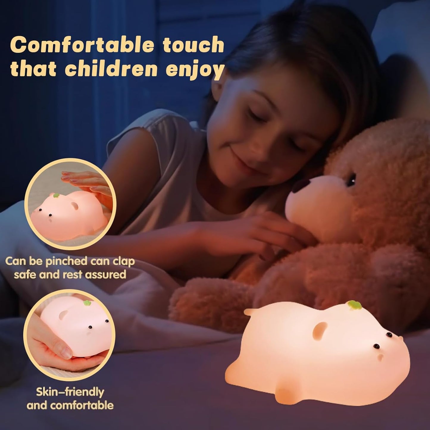 Silicone Night Light, Kids Night Light, Cute Hippo Design, Rechargeable, Pink