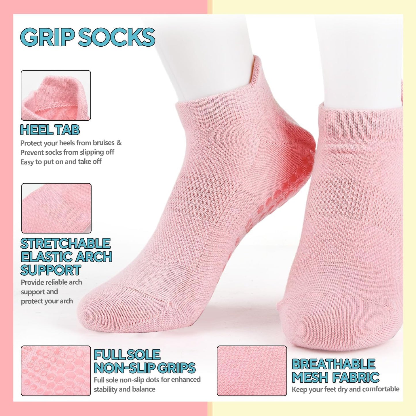 3 Pairs Pilates Grip Socks, Non Slip Yoga Socks for Women, Anti-Skid Grip Socks Breathable Cotton Socks for Yoga, Barre, Dance, Barefoot, Workout, Pregnant, Fitness and Ballet