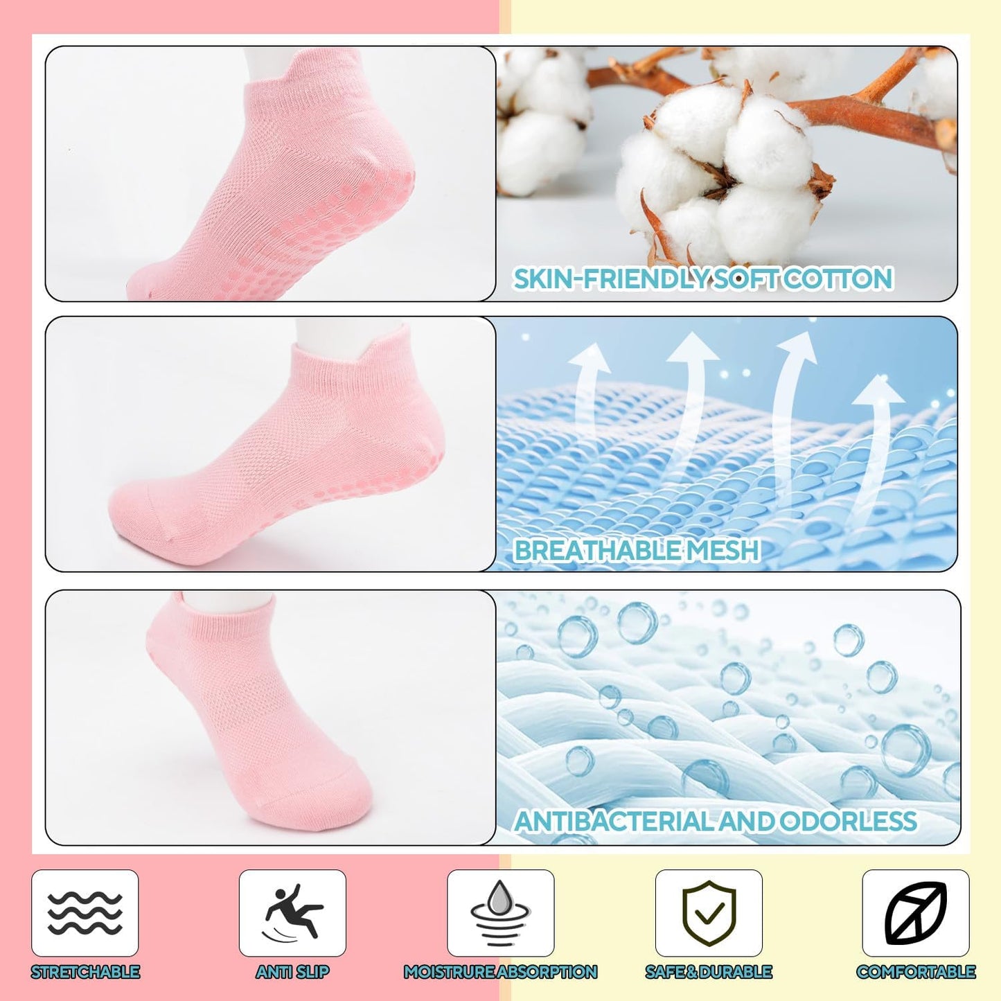 3 Pairs Pilates Grip Socks, Non Slip Yoga Socks for Women, Anti-Skid Grip Socks Breathable Cotton Socks for Yoga, Barre, Dance, Barefoot, Workout, Pregnant, Fitness and Ballet