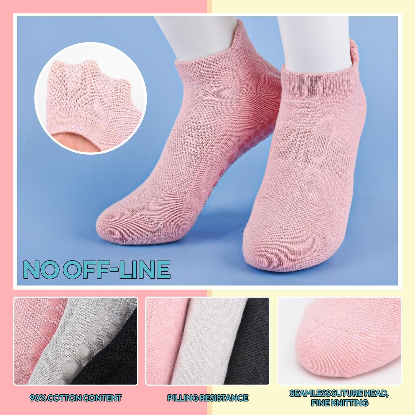 3 Pairs Pilates Grip Socks, Non Slip Yoga Socks for Women, Anti-Skid Grip Socks Breathable Cotton Socks for Yoga, Barre, Dance, Barefoot, Workout, Pregnant, Fitness and Ballet