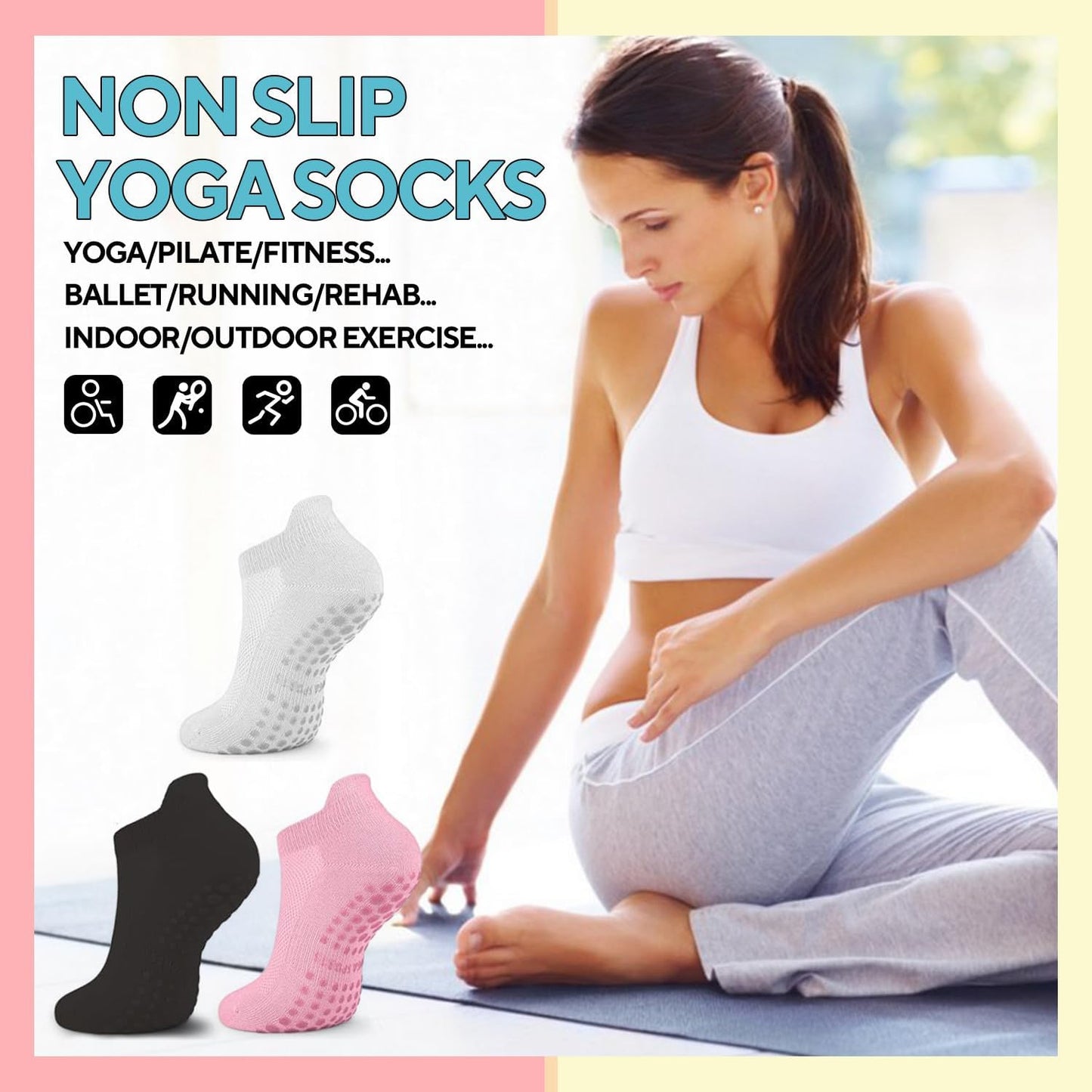 3 Pairs Pilates Grip Socks, Non Slip Yoga Socks for Women, Anti-Skid Grip Socks Breathable Cotton Socks for Yoga, Barre, Dance, Barefoot, Workout, Pregnant, Fitness and Ballet