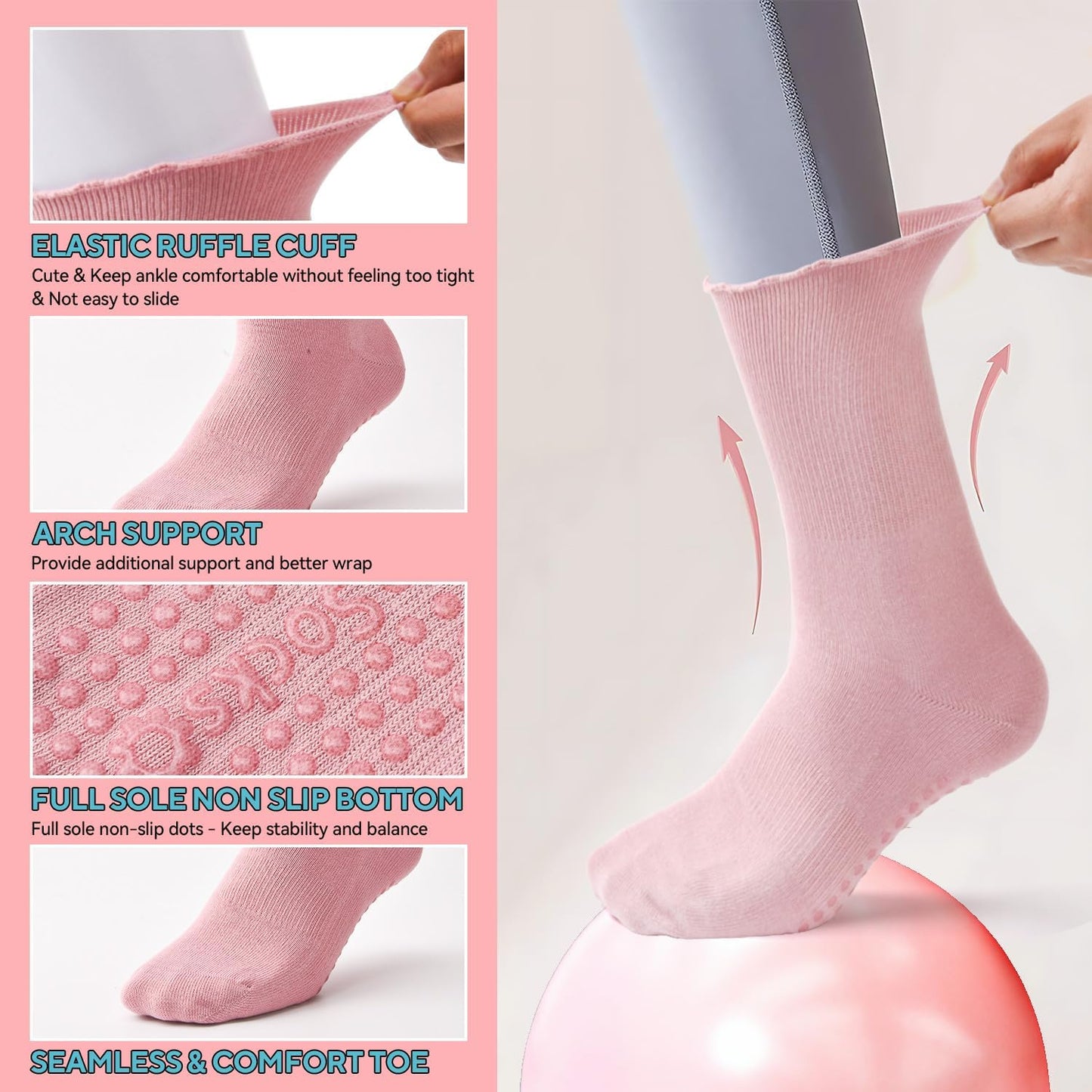 3 Pairs Pilates Grip Socks,Non Slip Ruffle Yoga Socks for Women,Anti-Skid Athletic Breathable Cotton Crew Socks for Yoga,Barre,Dance,Pregnant,Hospital,Fitness and Workout
