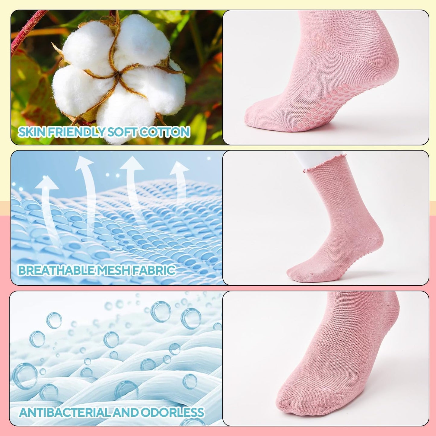 3 Pairs Pilates Grip Socks,Non Slip Ruffle Yoga Socks for Women,Anti-Skid Athletic Breathable Cotton Crew Socks for Yoga,Barre,Dance,Pregnant,Hospital,Fitness and Workout