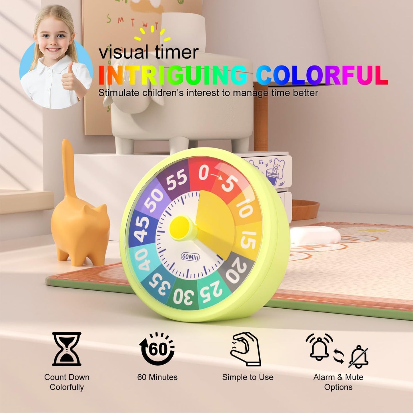60 Minute Visual Timer for Classroom Kids Teachers, 4-Inch Countdown Timer for Kitchen Cooking, Toddler, Training, Study, Work (Battery Not Included)