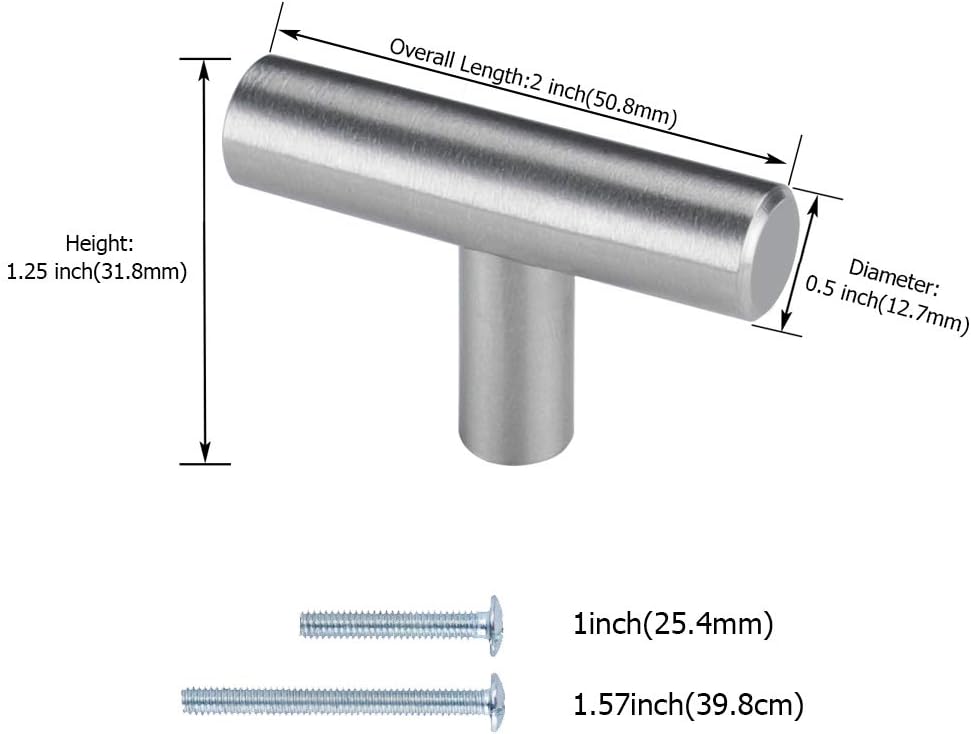10 Pack Brushed Nickel Cabinet Knobs Cabinet Hardware - Brushed Nickel Drawer Knobs Kitchen Cabinet Knobs T Bar Drawer Pull Knobs 1/2 inch Diameter Overall Length 50mm