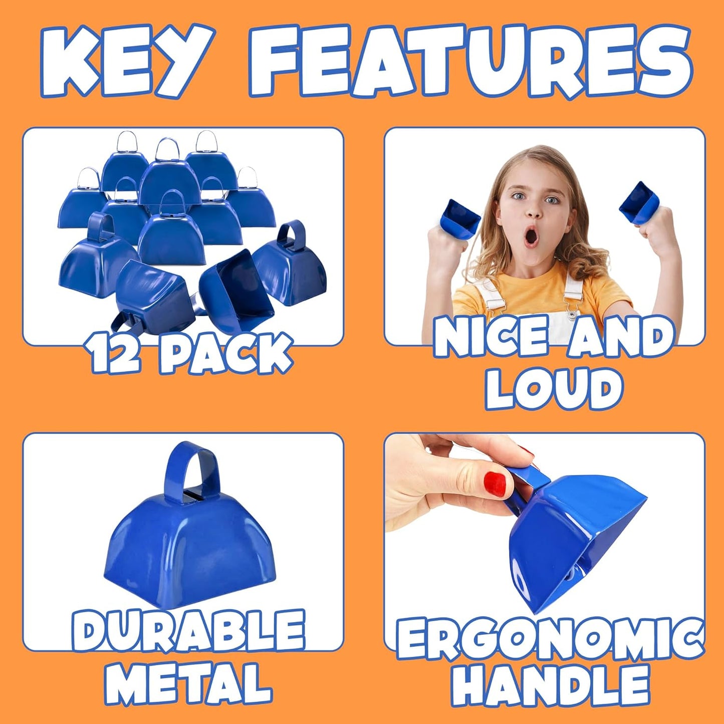 Metal Cowbells - Blue 3 Inch Cow Bells Noise Makers, Loud Call Bell with Handles for Sporting Events, Cheering, Team Spirit, Noisemakers, Weddings, (Pack of 12)