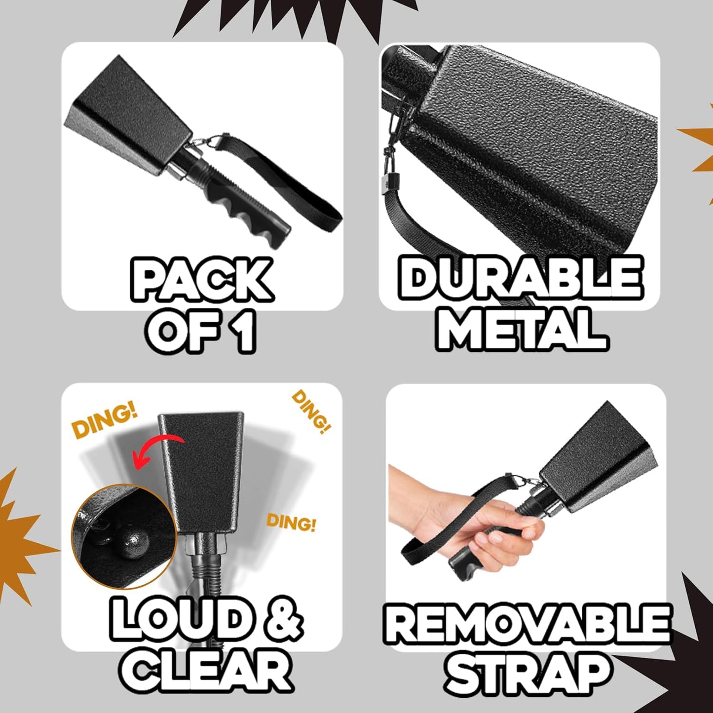 9" Metal Cowbells with Handle - (1 Pack) Cow Bells Loud Cheering Noise Makers for Sporting Events, Football Games, School Spirit, Rallies & Celebrations - Black Steel Percussion Music Instrument