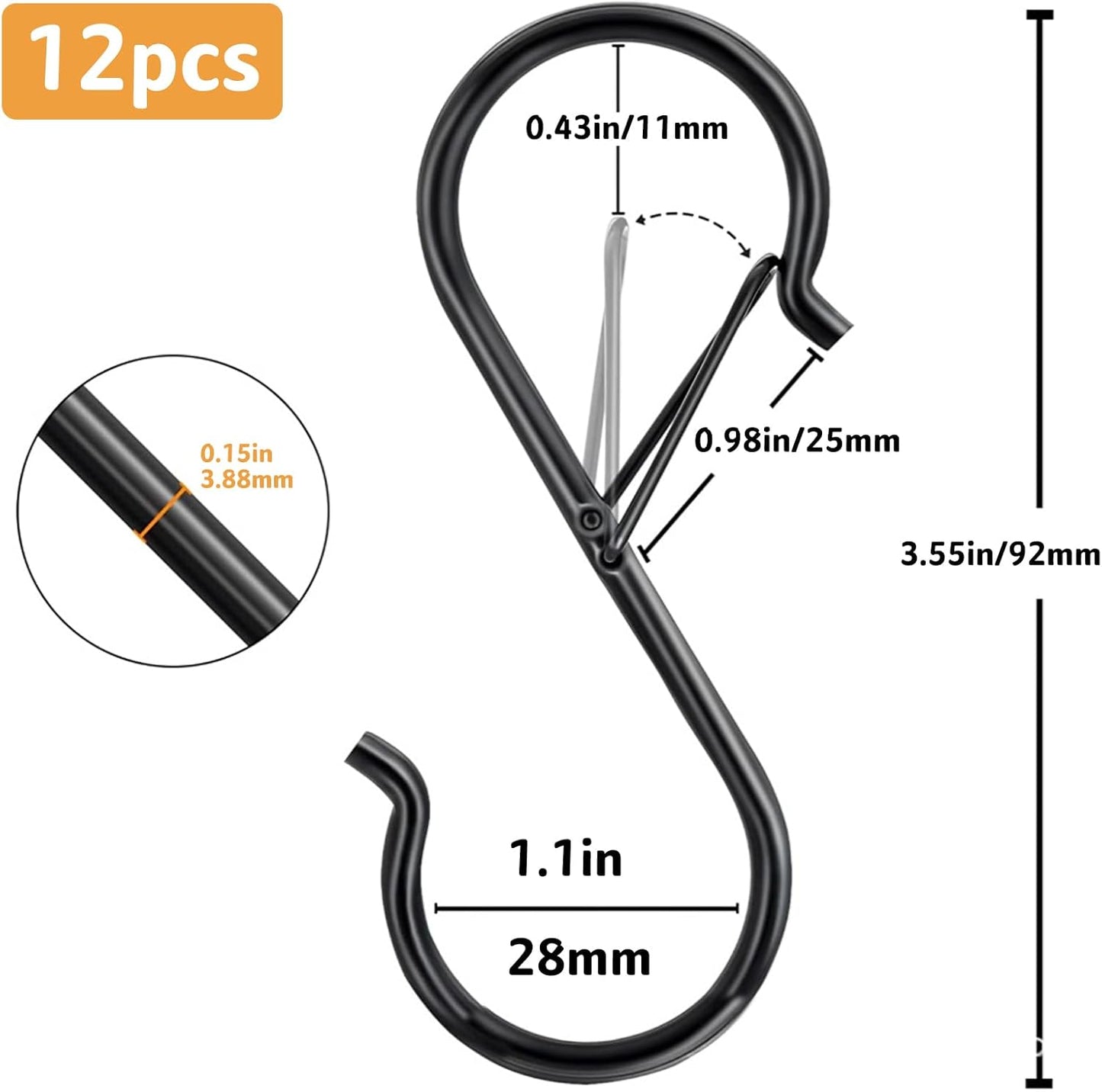 12 Pcs S Hooks for Hanging, Heavy Duty Metal S Shaped Hooks with Safety Buckle for Plants, Pots, Towels and Bags, 3.55 inch (Black)