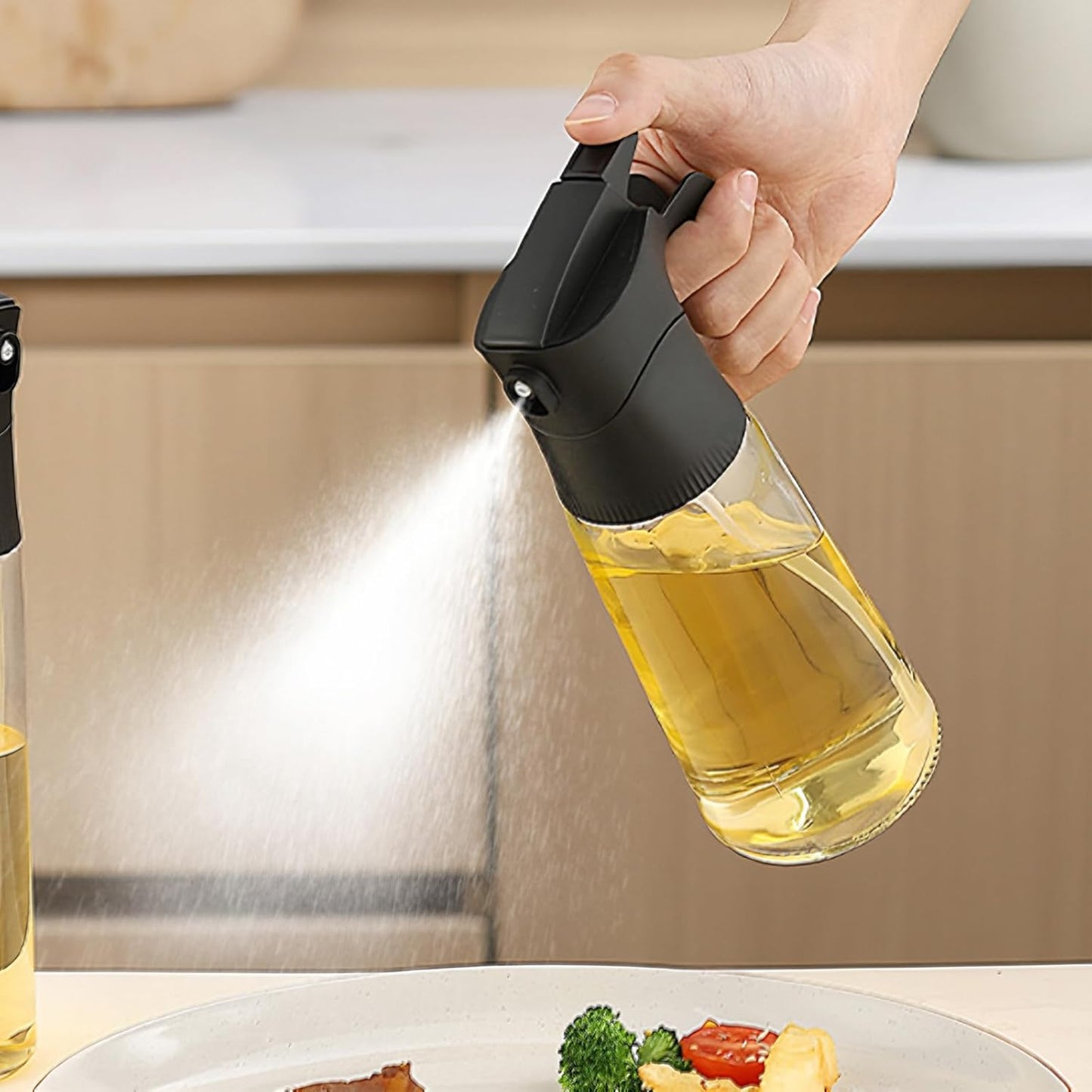 2 Pcs Oil Sprayer for Cooking, 300 ml Olive Oil Dispenser, Glass Oil Spray Bottle with Scale for Kitchen, Salad, Barbecue, Baking (Black & White)
