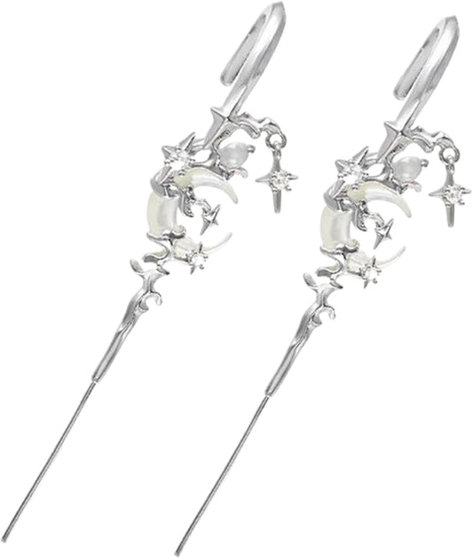 Moon and Star Hook Earrings, 2PCS 3.2 Inch Metal Gothic Moon Earrings, Fashion Rhinestone Crawler Star and Moon Ear Hook Needle Piercing Earrin, Reusable Hook Earrings for Women Girls