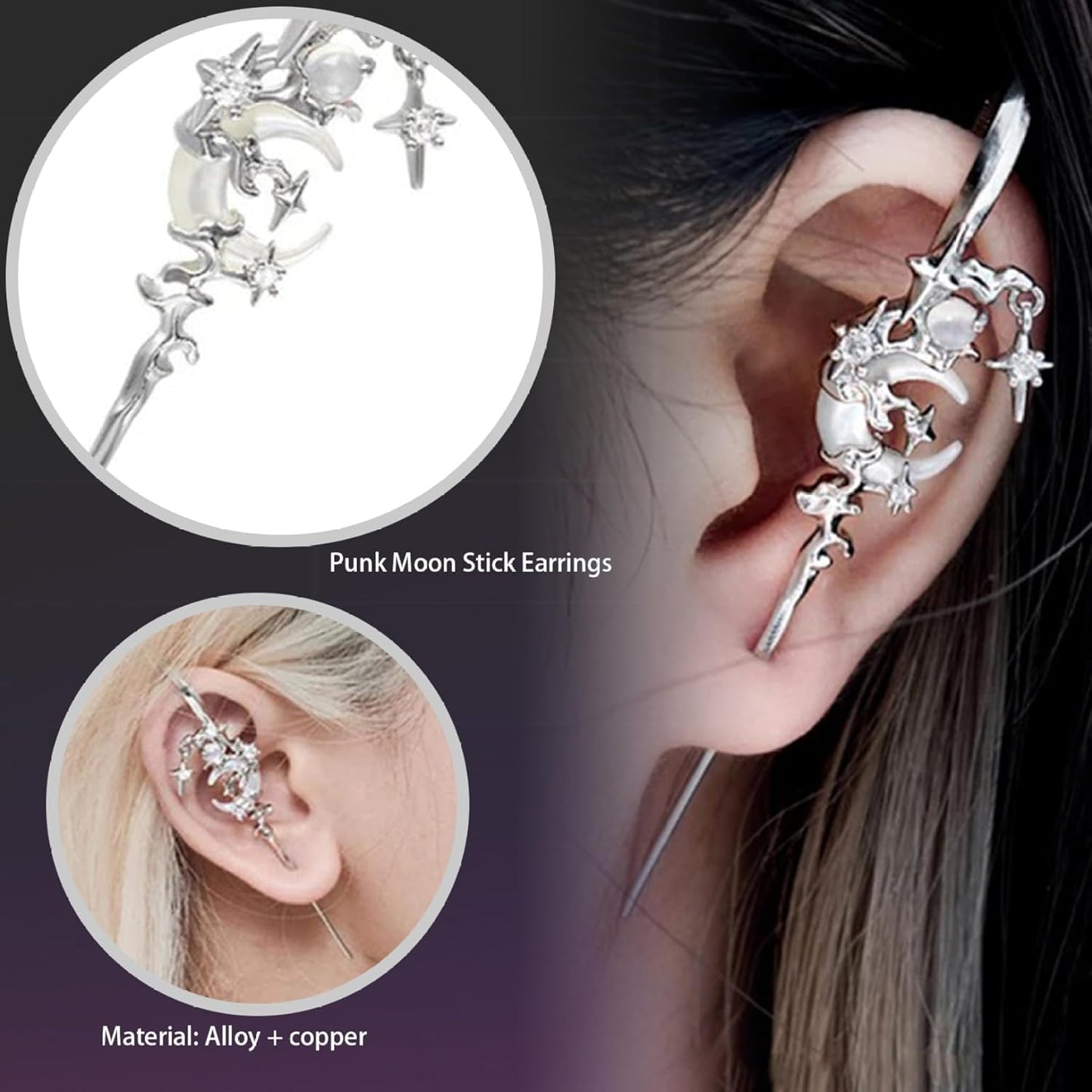 Moon and Star Hook Earrings, 2PCS 3.2 Inch Metal Gothic Moon Earrings, Fashion Rhinestone Crawler Star and Moon Ear Hook Needle Piercing Earrin, Reusable Hook Earrings for Women Girls