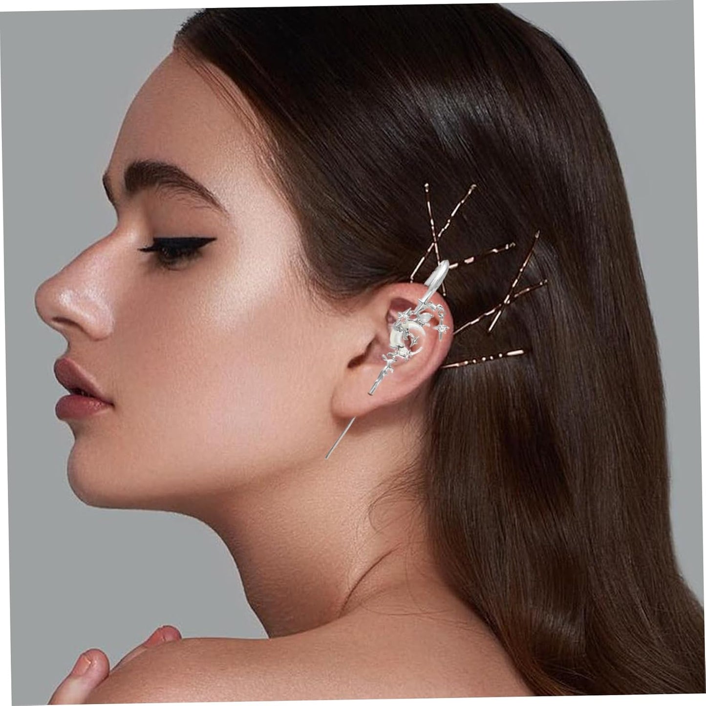 Moon and Star Hook Earrings, 2PCS 3.2 Inch Metal Gothic Moon Earrings, Fashion Rhinestone Crawler Star and Moon Ear Hook Needle Piercing Earrin, Reusable Hook Earrings for Women Girls