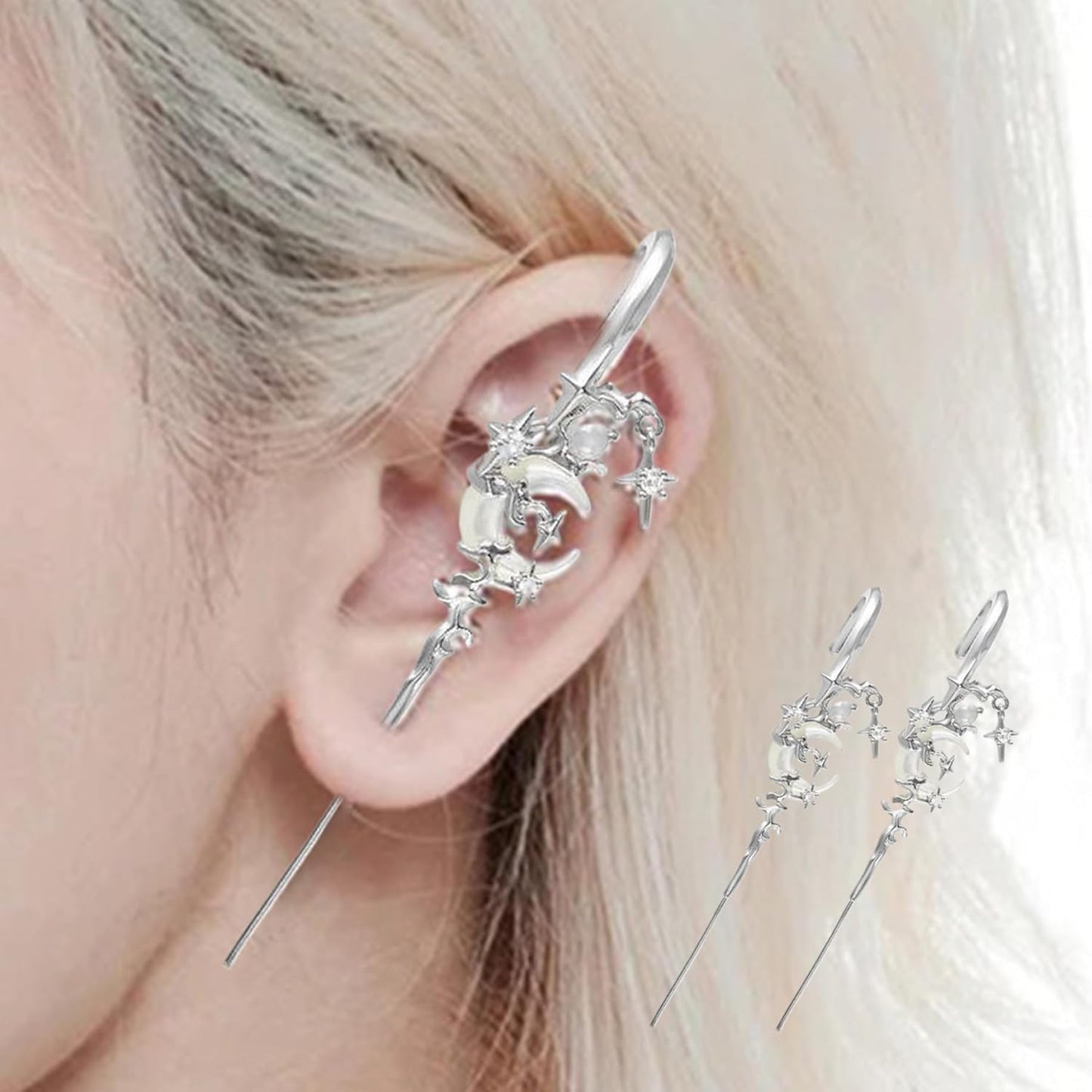 Moon and Star Hook Earrings, 2PCS 3.2 Inch Metal Gothic Moon Earrings, Fashion Rhinestone Crawler Star and Moon Ear Hook Needle Piercing Earrin, Reusable Hook Earrings for Women Girls