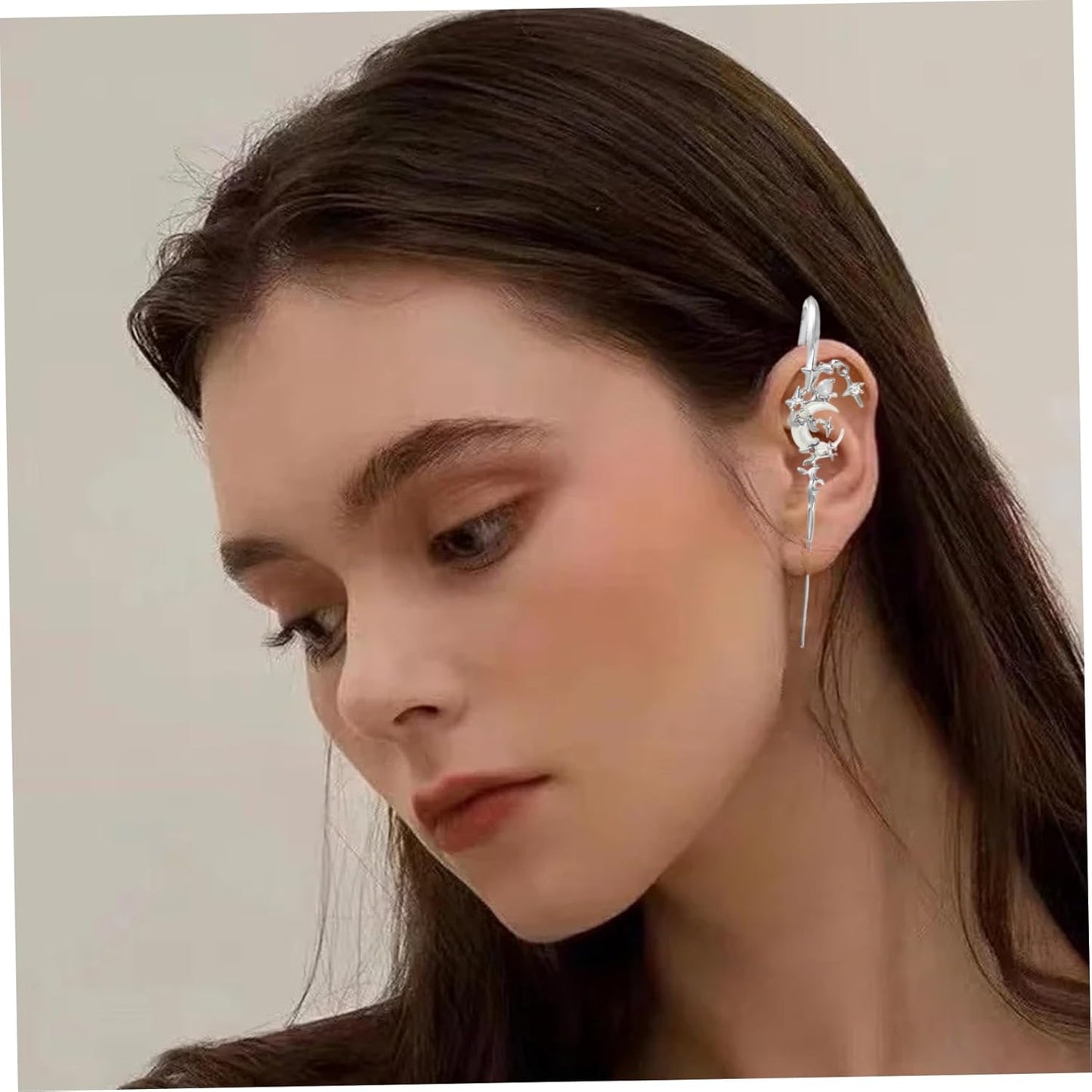 Moon and Star Hook Earrings, 2PCS 3.2 Inch Metal Gothic Moon Earrings, Fashion Rhinestone Crawler Star and Moon Ear Hook Needle Piercing Earrin, Reusable Hook Earrings for Women Girls