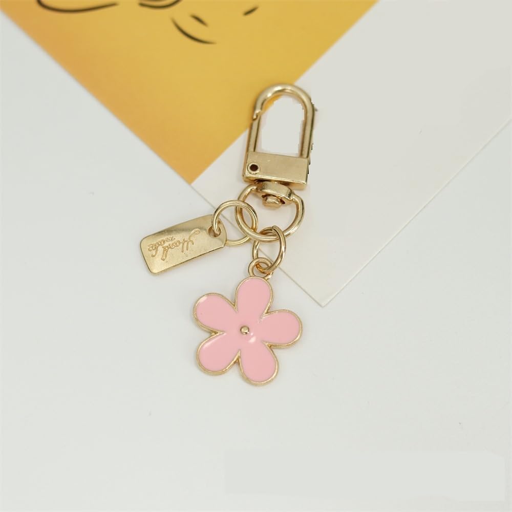 Flower Keychain Set for Women, 3-Piece Chrysanthemum Charm with Metal Sheet, Pink Black White
