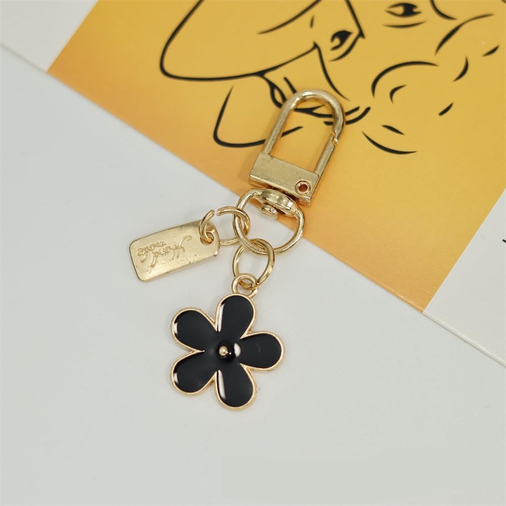 Flower Keychain Set for Women, 3-Piece Chrysanthemum Charm with Metal Sheet, Pink Black White