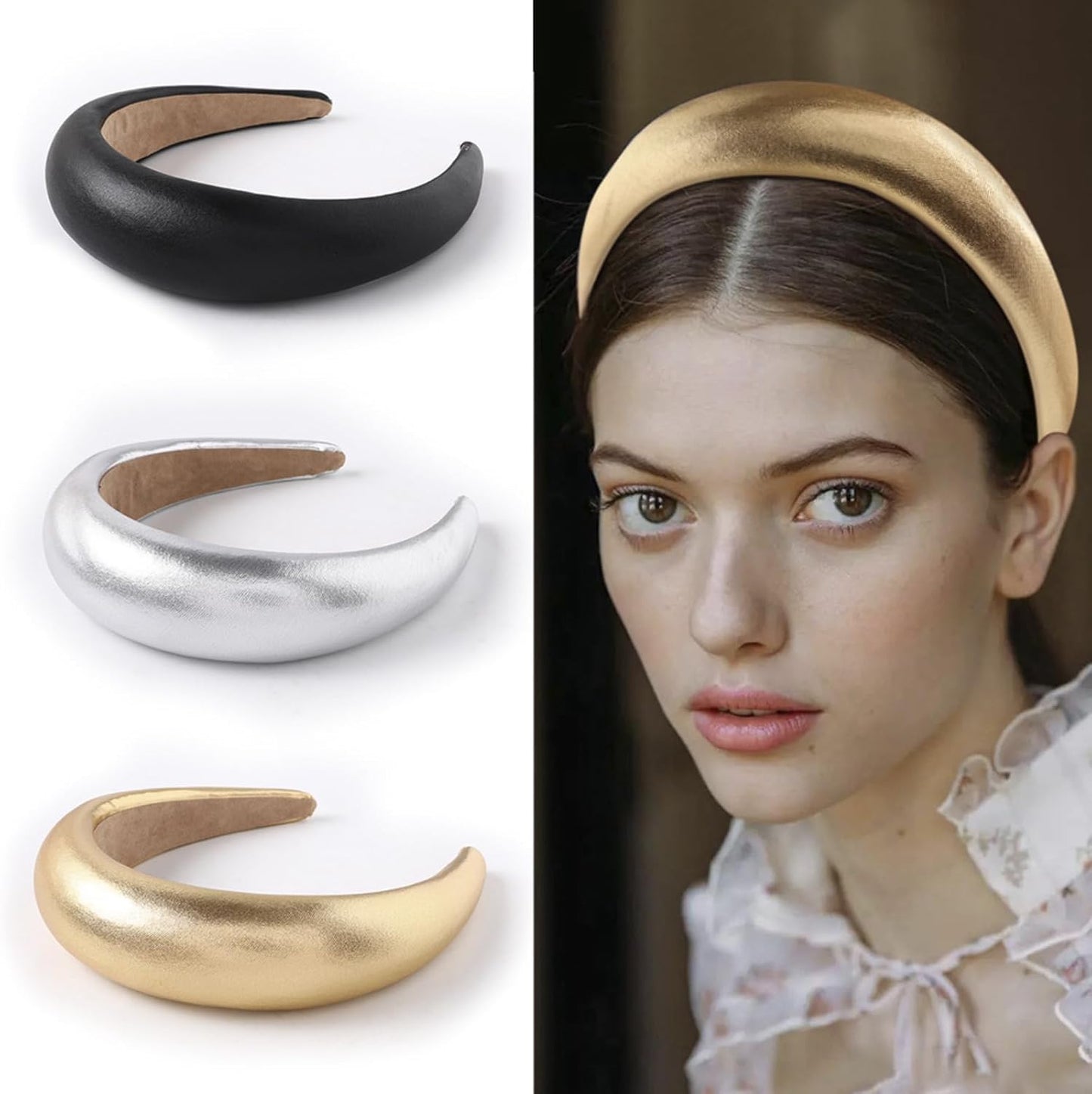 Leather Sponge Headband, Thickened Wide Edge Headband (Gold)