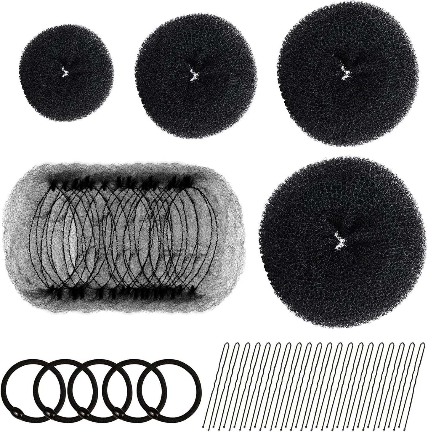 Hair Donut Bun Maker Set - 4 Bun Shapers, 20 Invisible Nets, 5 Elastics, 20 Bobby Pins (Black)