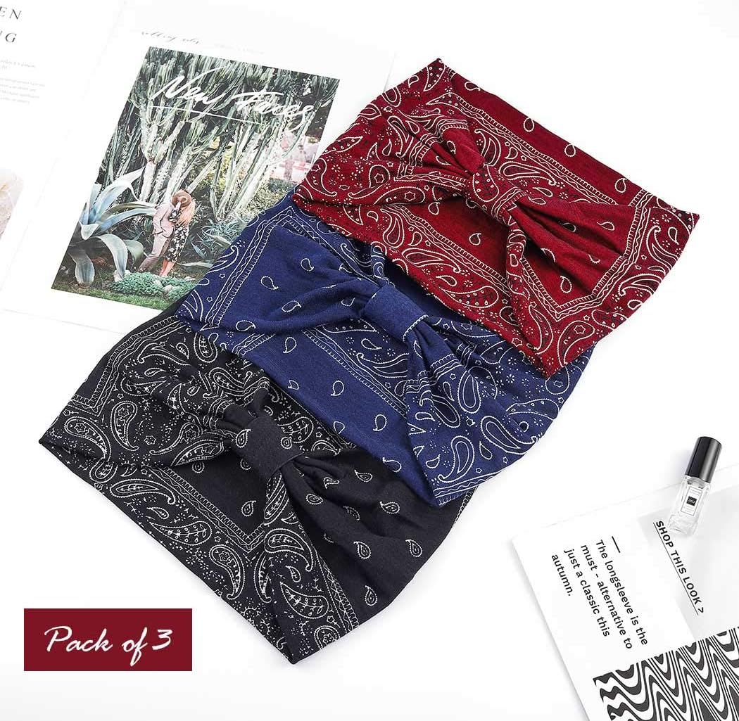 Extra Wide Headbands for Women Boho Head Wraps Stretchy African Turban Hairband Motorcycle Hair Accessories Pack of 3