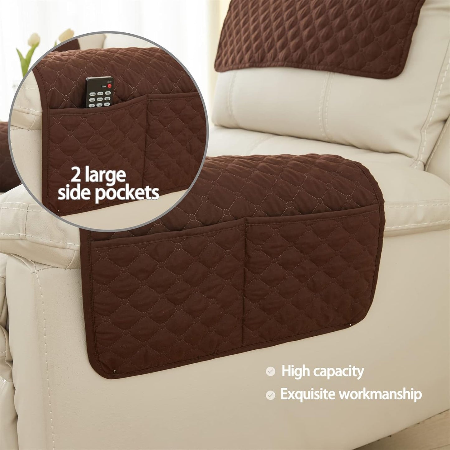 Armrest Chair Covers, Stretch Armchair Couch Arm Rest Cover, Waterproof Armchair Slipcover Nonslip Quilted Furniture Protector for Pets Leather Sofa Couch (Dark Brown,1 Person (Set of 3))