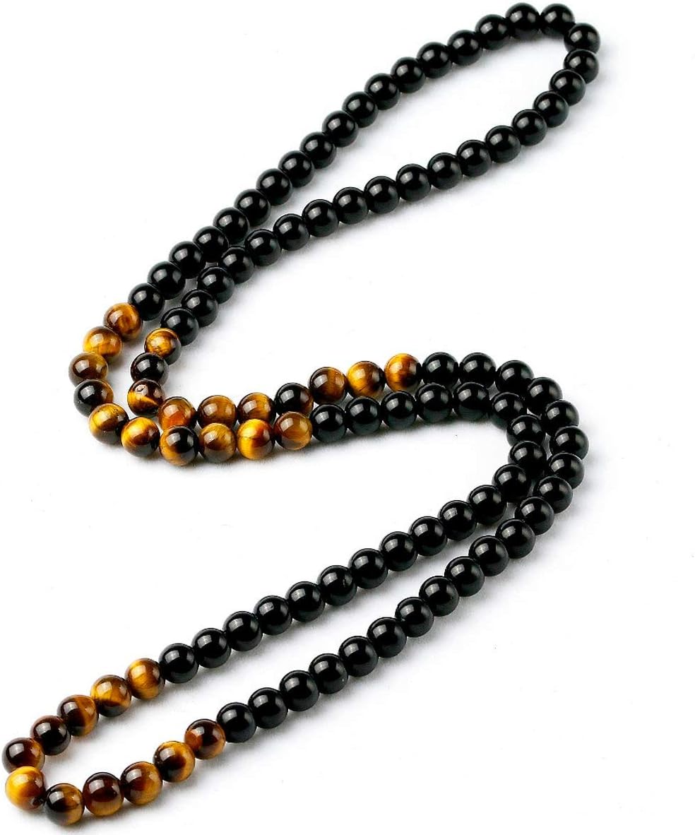 Black Onyx Men's Tiger Eye Stone Bead Necklace Fashion Natural Stone Jewelry Handmade Gift, Tiger Eye Onyx
