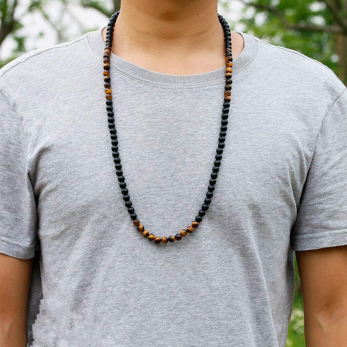 Black Onyx Men's Tiger Eye Stone Bead Necklace Fashion Natural Stone Jewelry Handmade Gift, Tiger Eye Onyx