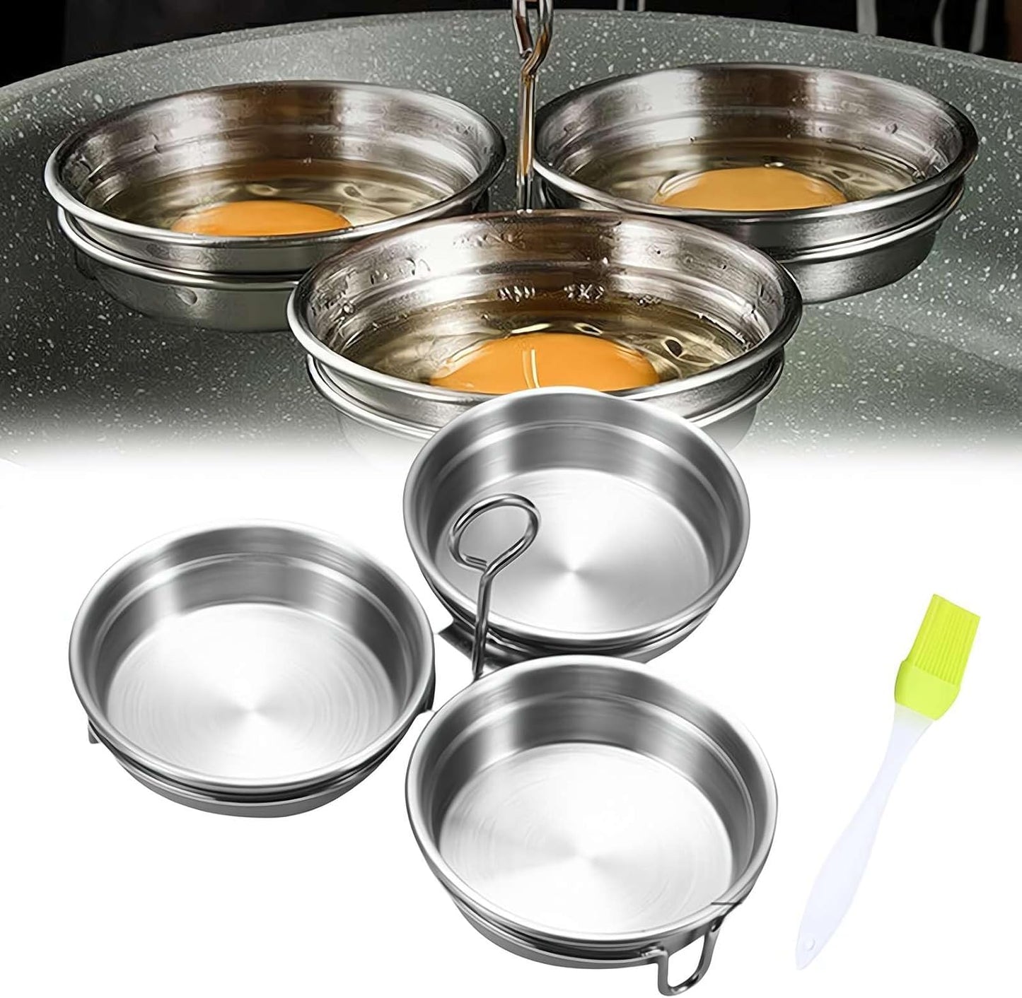 Steel Egg Poacher, Poached Egg Cooker, 3-Cup Poached Egg Cooker, Nonstick Egg Poacher Cups, Egg Poaching Pan with Rack and Handle for Microwave Oven Stovetop