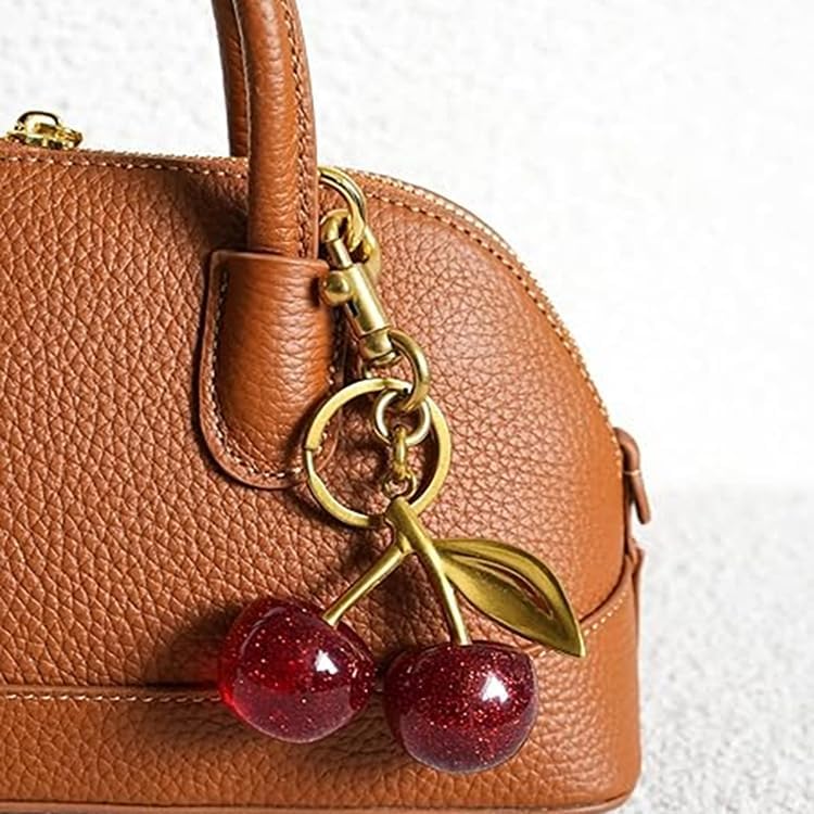 Luxurious 18K Gold Plated Cherry Bag Charm, Cherry Keychain Accessory Purse Charm, Red, Large