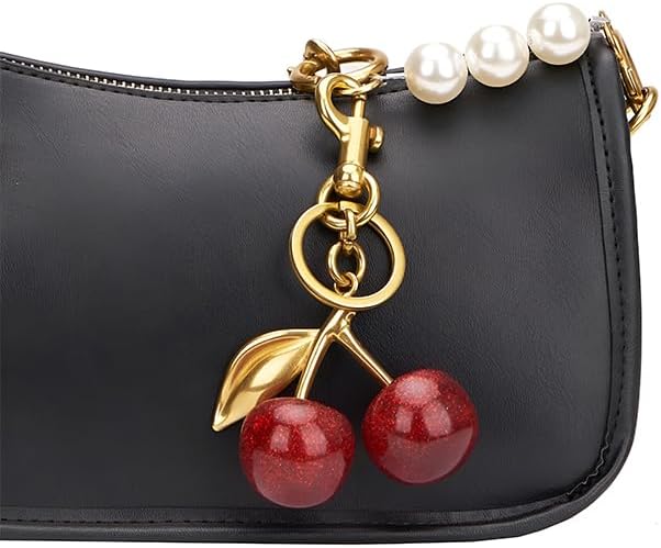 Luxurious 18K Gold Plated Cherry Bag Charm, Cherry Keychain Accessory Purse Charm, Red, Large