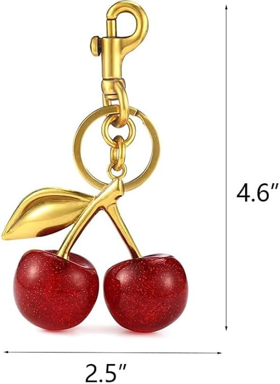 Luxurious 18K Gold Plated Cherry Bag Charm, Cherry Keychain Accessory Purse Charm, Red, Large
