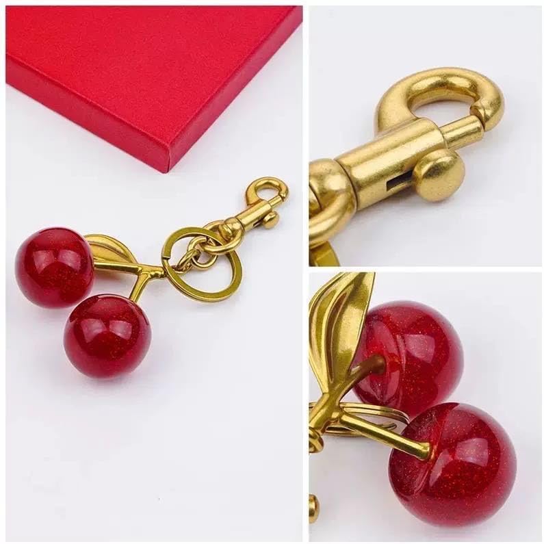 Luxurious 18K Gold Plated Cherry Bag Charm, Cherry Keychain Accessory Purse Charm, Red, Large