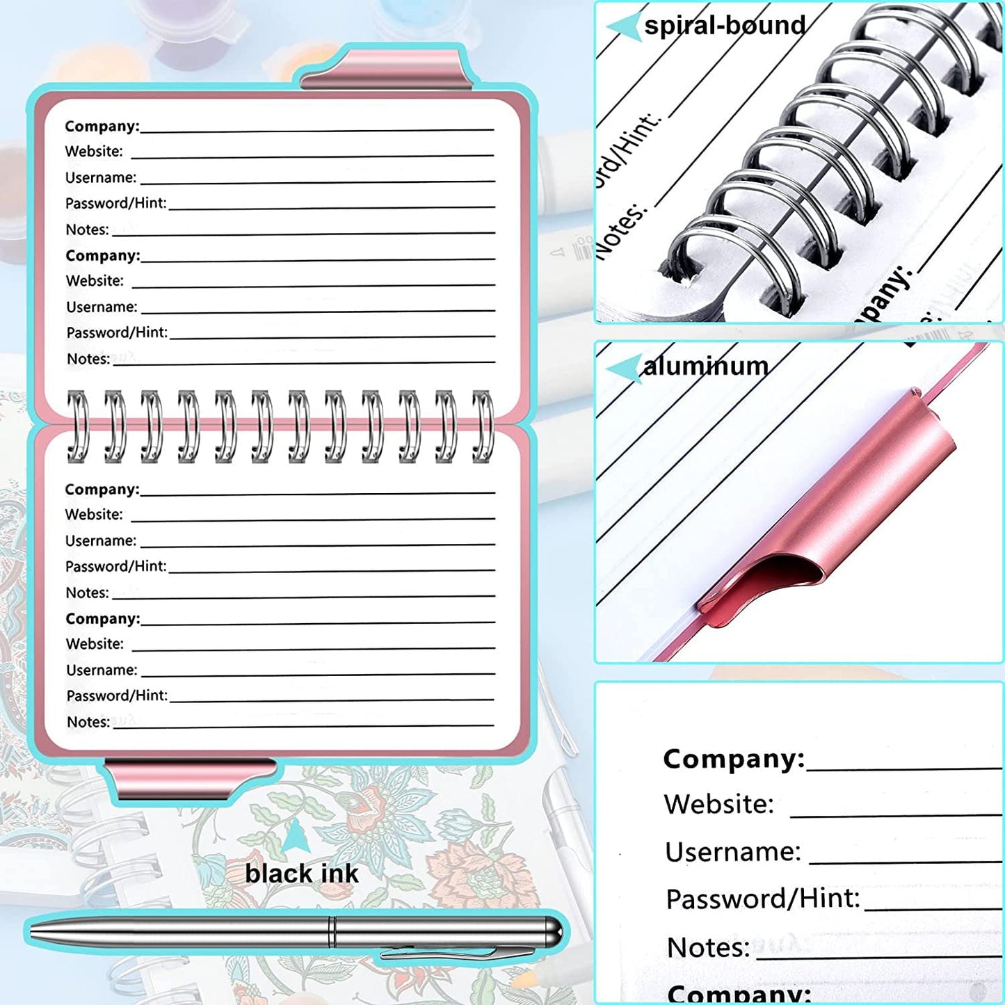 2 Pack Portable Password Notebook, Password Organizer Notebook Elegant Pattern Password Book Keeper with Pen,Spiral Bound Notebook for Password Information