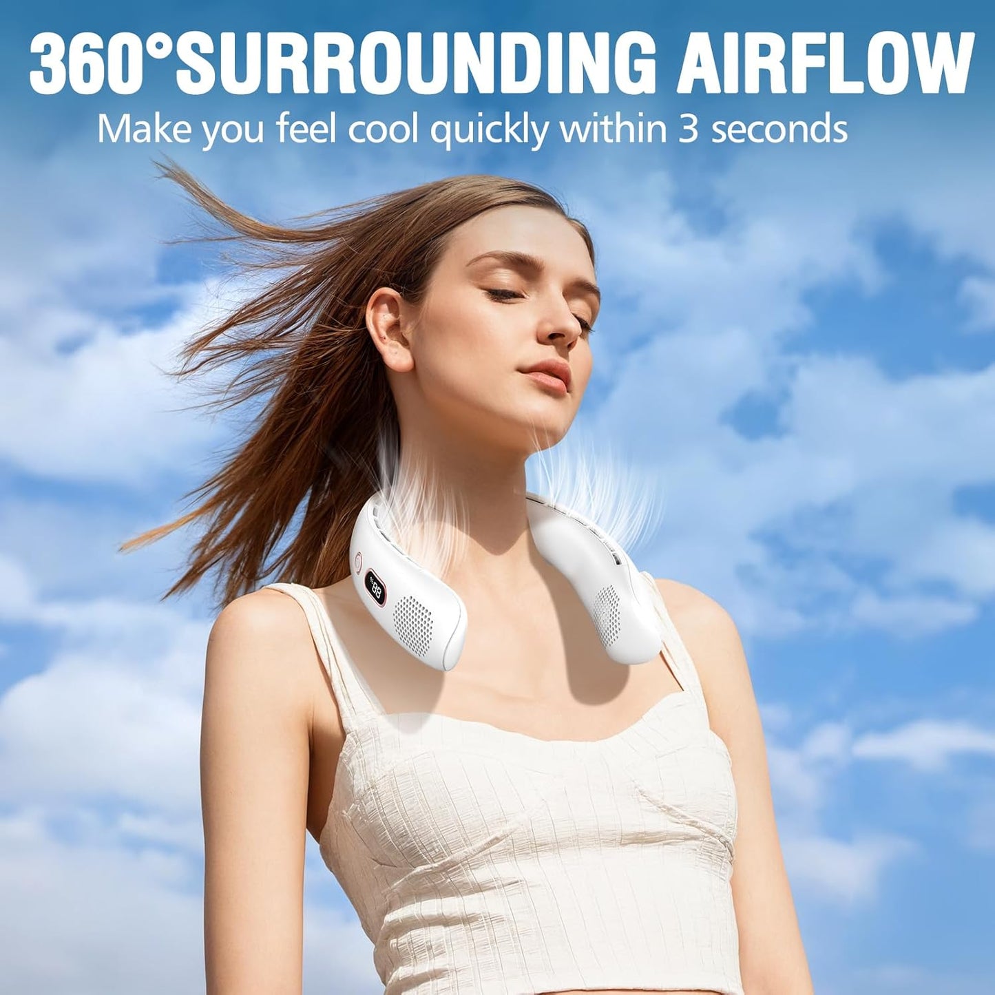 Portable Neck Fan, Hands Free Bladeless Neck Fan Rechargeable 3 Speeds & LCD Display, Battery Operated Wearable Personal Fan, 360° Cooling Hanging Neck Fan for Outdoor Indoor Travel Sport (White)
