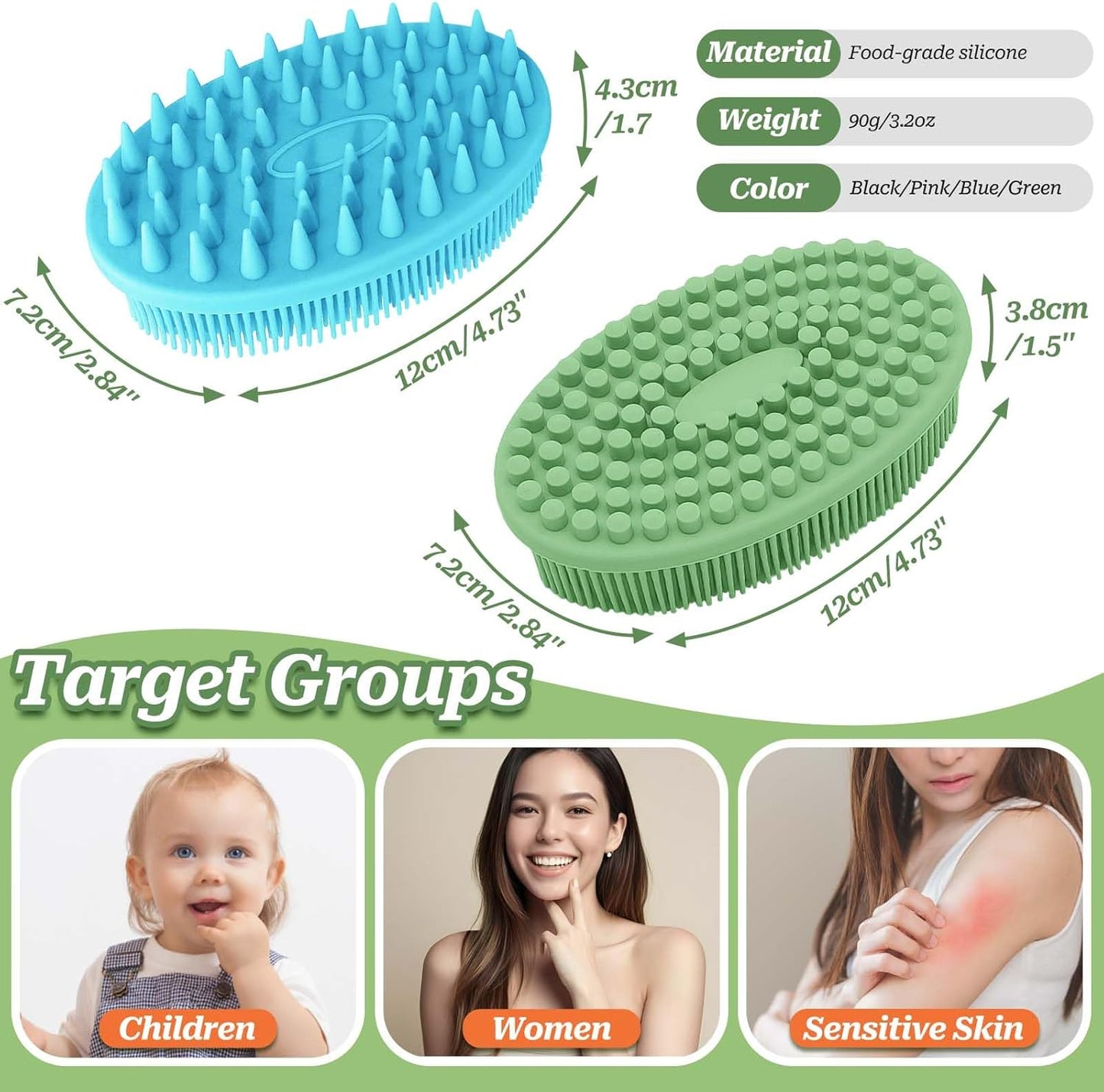 Soft Silicone Body Scrubber 2PCS, Dual-Side Silicone Loofah for Shower, Gentle Loofa Alternative, Replaceable Brush Head to be Used alone or with Long Handle (Pinkx2)