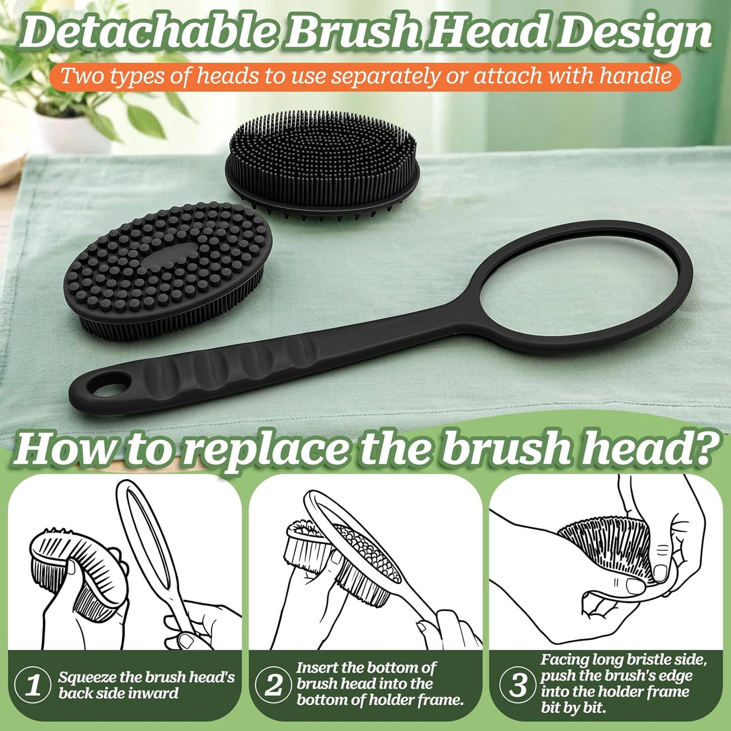 Soft Silicone Body Scrubber 2PCS, Dual-Side Silicone Loofah for Shower, Gentle Loofa Alternative, Replaceable Brush Head to be Used alone or with Long Handle (Pinkx2)