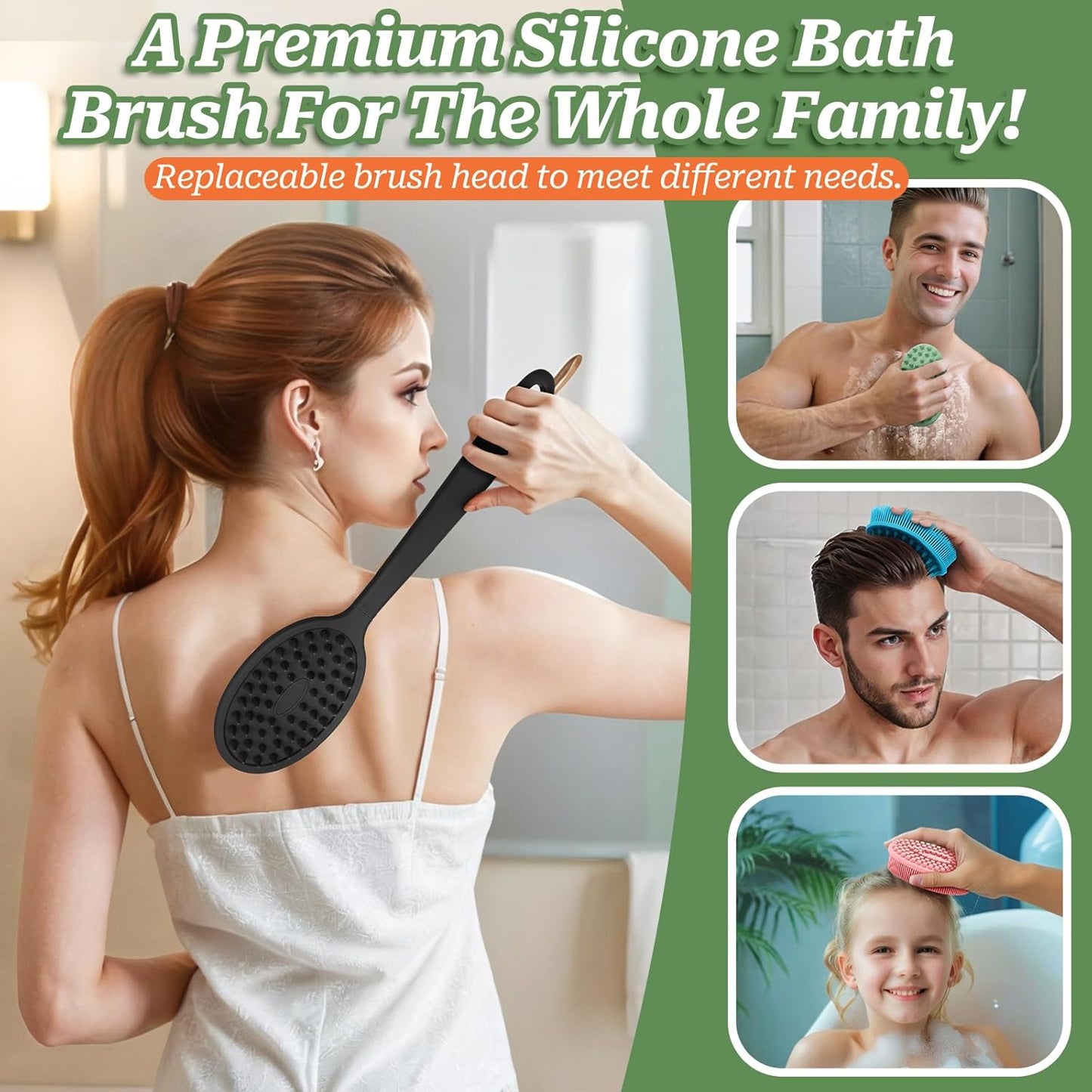 Soft Silicone Body Scrubber 2PCS, Dual-Side Silicone Loofah for Shower, Gentle Loofa Alternative, Replaceable Brush Head to be Used alone or with Long Handle (Pinkx2)