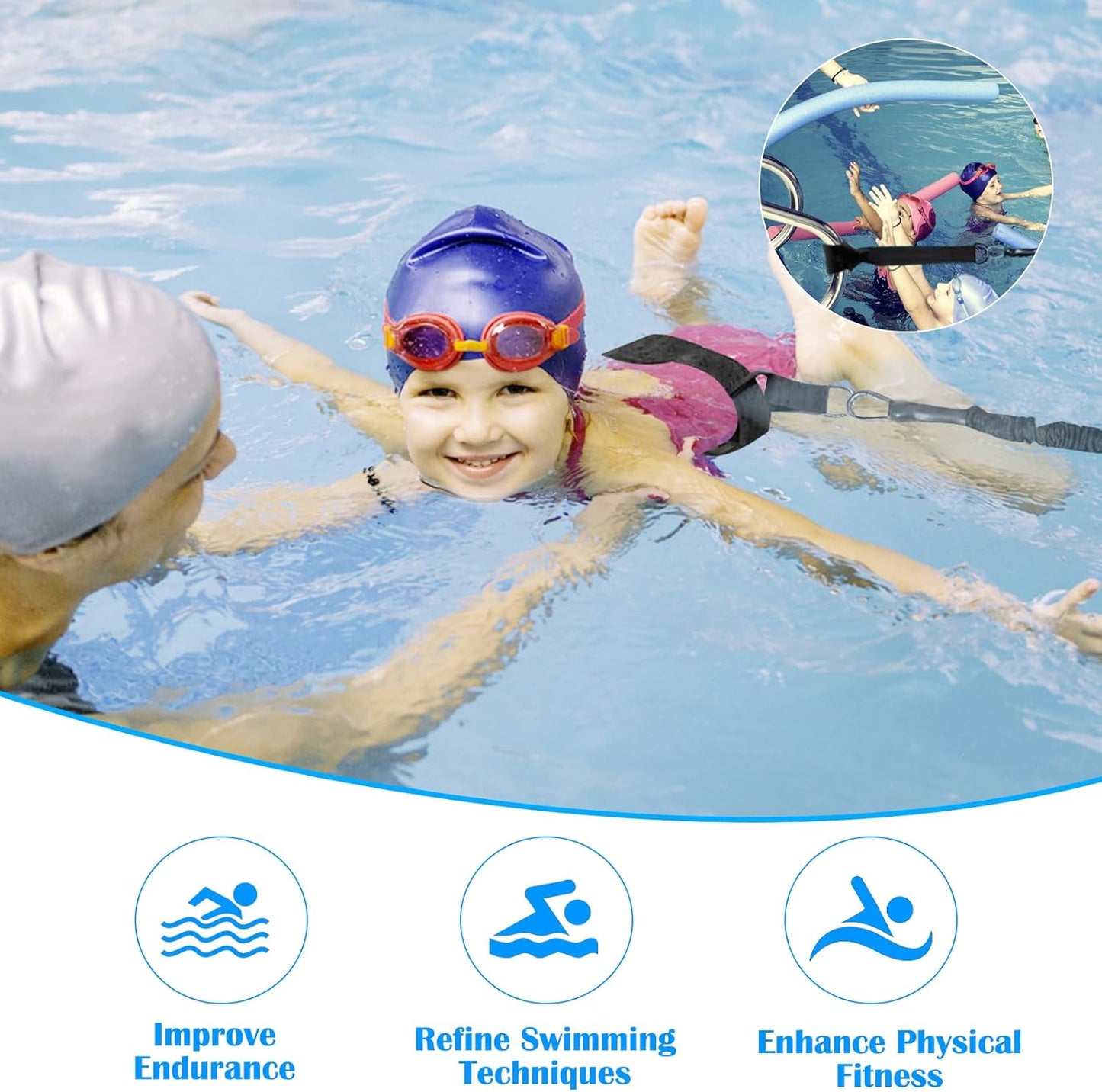 Swimming Belt 2.5-7.5M Adjustable Swimming Resistance Belt Swimming Training Belt Swimming Belt Pool Adults Children Swimming Aid for Any Swimming Pool Without Swimming Line, Stationary