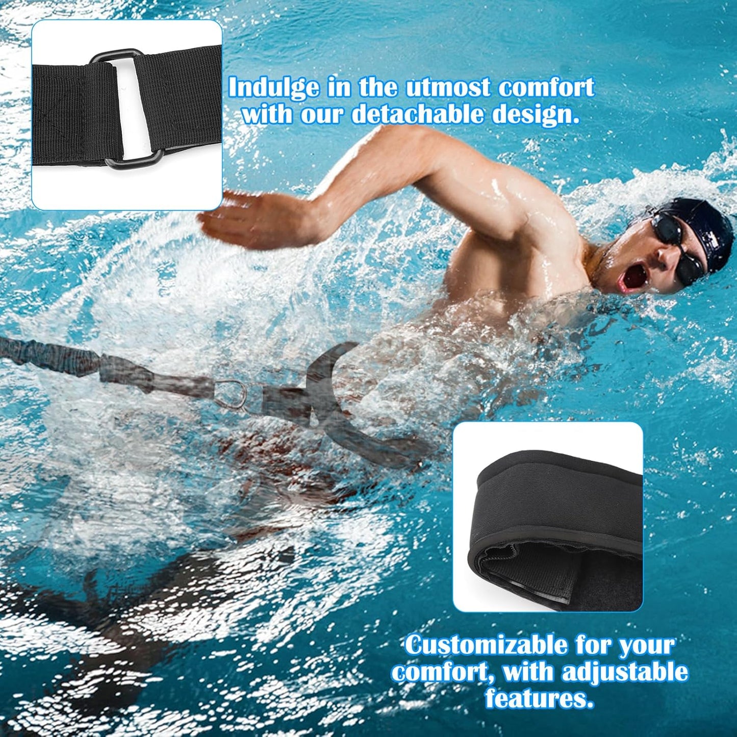 Swimming Belt 2.5-7.5M Adjustable Swimming Resistance Belt Swimming Training Belt Swimming Belt Pool Adults Children Swimming Aid for Any Swimming Pool Without Swimming Line, Stationary