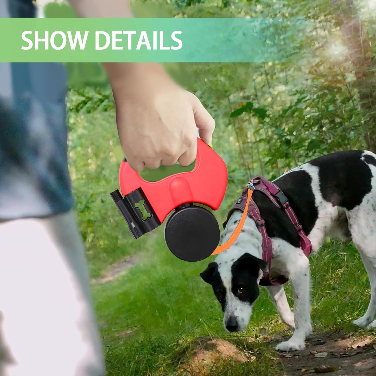 Double Head 10 ft Retractable Dog Leash with Integrated Waste Bag Dispenser Flashlight 360°Tangle Free Anti-Slip Handle Reflective Nylon Tape One Button Brake(Small Medium Dog Up to 15 kg,Red)