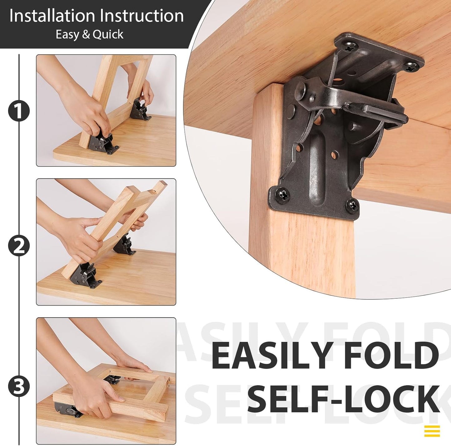 4 Pack Folding Brackets, Self-Lock Hinge with Screws for Folding Table Legs, Lock Extension Support Bracket Bed Legs, Black
