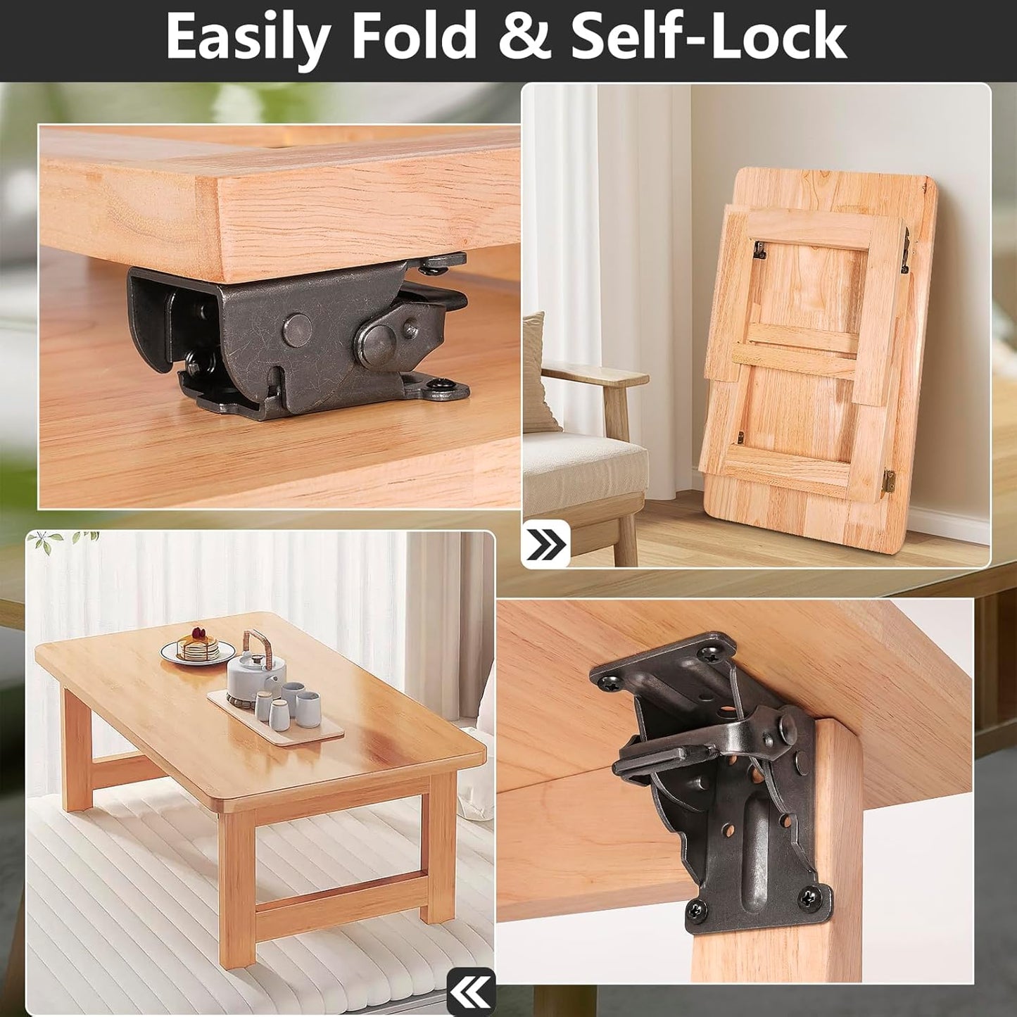 4 Pack Folding Brackets, Self-Lock Hinge with Screws for Folding Table Legs, Lock Extension Support Bracket Bed Legs, Black