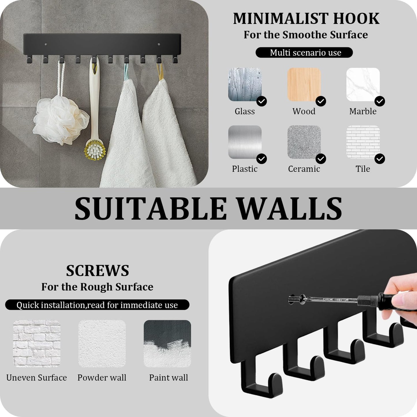 Wall Mount Key Holder with 10 Hooks – Key Rack for Entryway, Hallway, Office, Kitchen – Screw Mounted, Durable Key Organizer