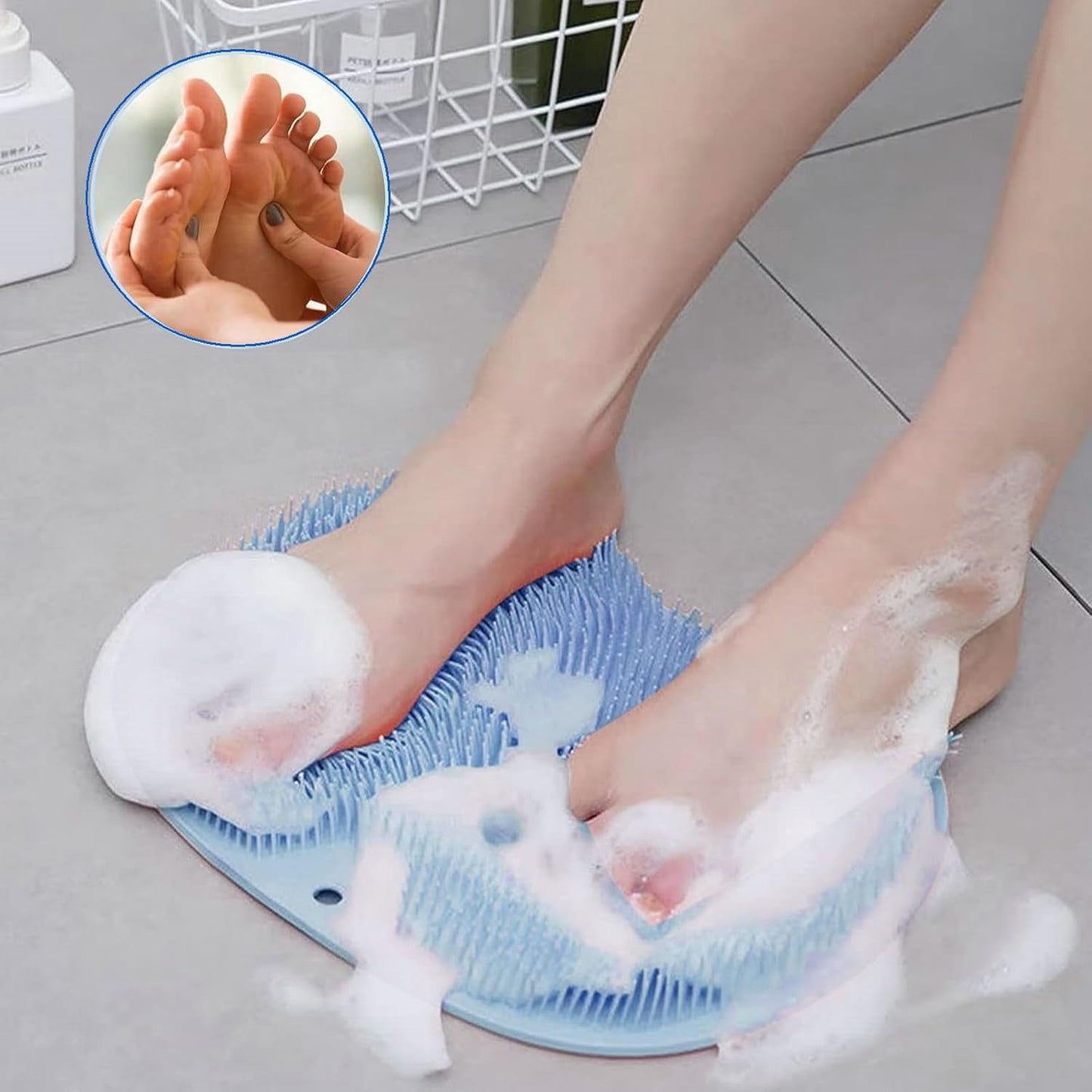 2 Pcs Large Shower Foot Scrubber Mat Cleans, Exfoliation, Shower Foot Massager Scrubber, Foot Cleaner Massage Mat with Non Slip Suction Cups, Improve Circulation Relieve Tired and Pain （BLUE）