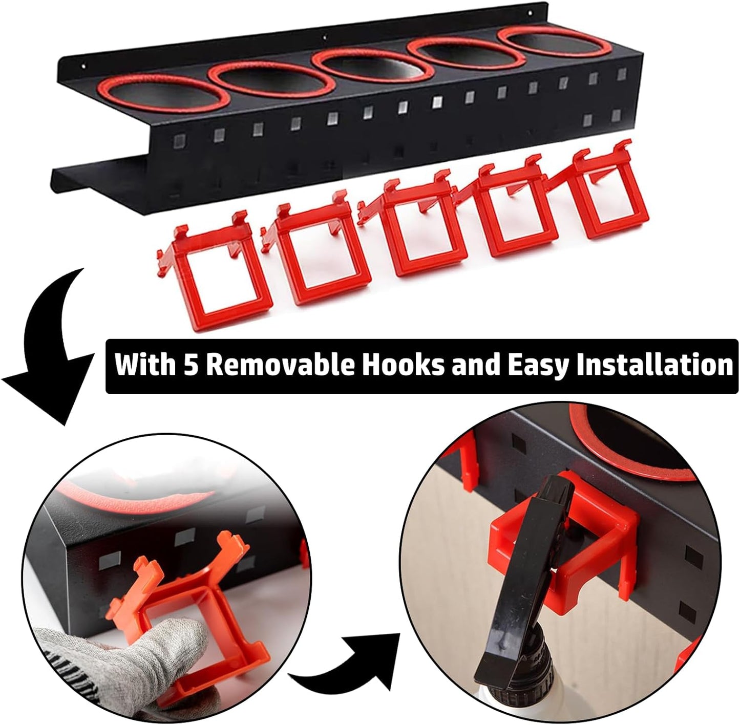 Spray Bottle Storage Rack, Wall-Mounted Spray Bottle Rack Holder, Garage Organizer Hanging Rail Car Beauty Shop Accessory Display Cleaning Detailing Tools Hanger with 5 Plastic Hanging Hooks