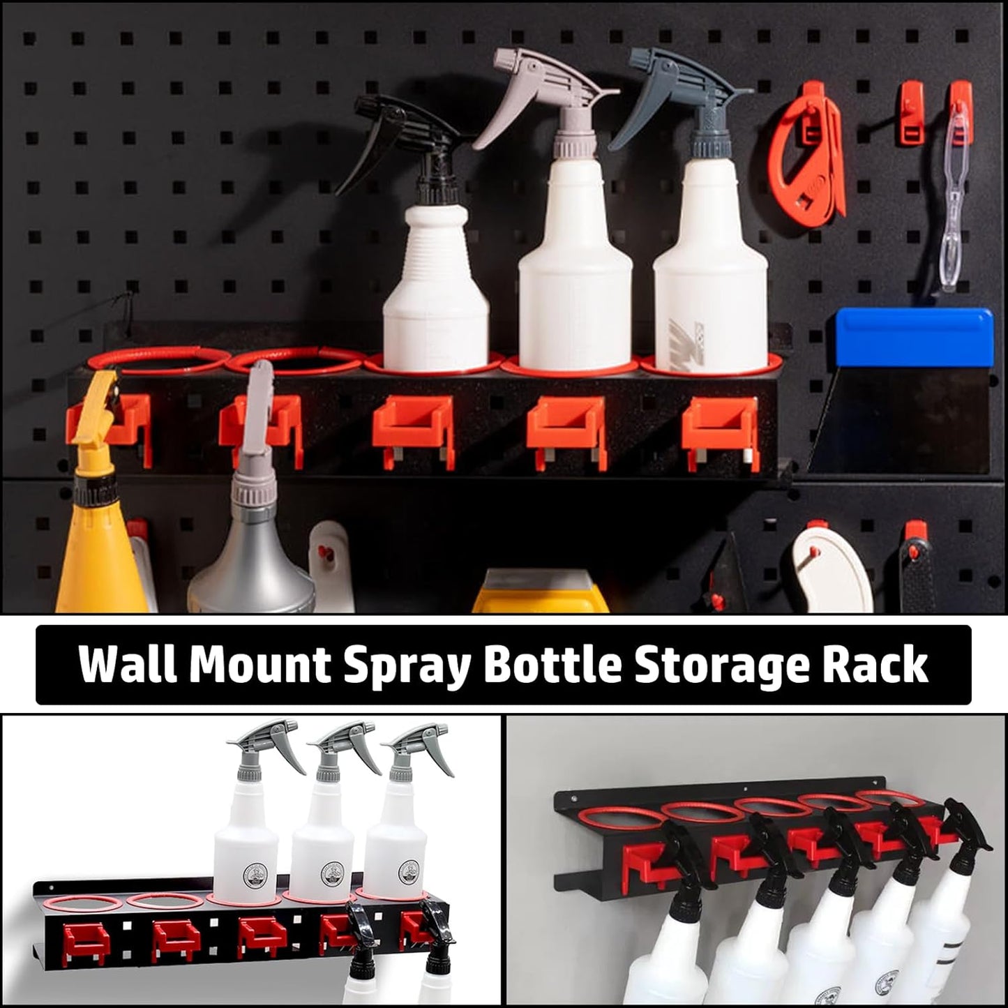 Spray Bottle Storage Rack, Wall-Mounted Spray Bottle Rack Holder, Garage Organizer Hanging Rail Car Beauty Shop Accessory Display Cleaning Detailing Tools Hanger with 5 Plastic Hanging Hooks