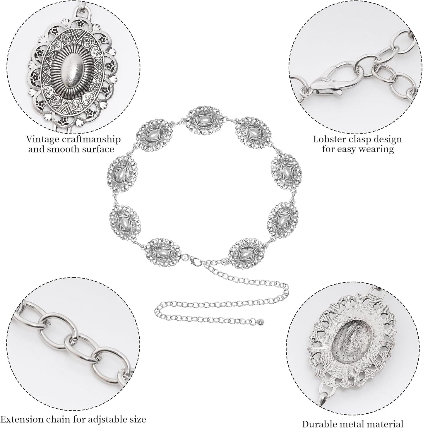 Western Oval Concho Chain Belt for Women Metal Waist Chain Belt for Dresses Jeans Western Cowgirl