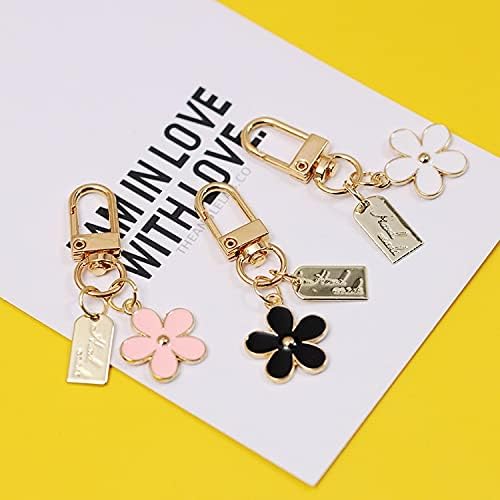 3 Pcs Keychains for Women, Bag Charm Flower Key Chain Car Key Ring Pendant for Purse, Handbag Bag, Earphone Case Decoration, Pink, Black, White, One Size