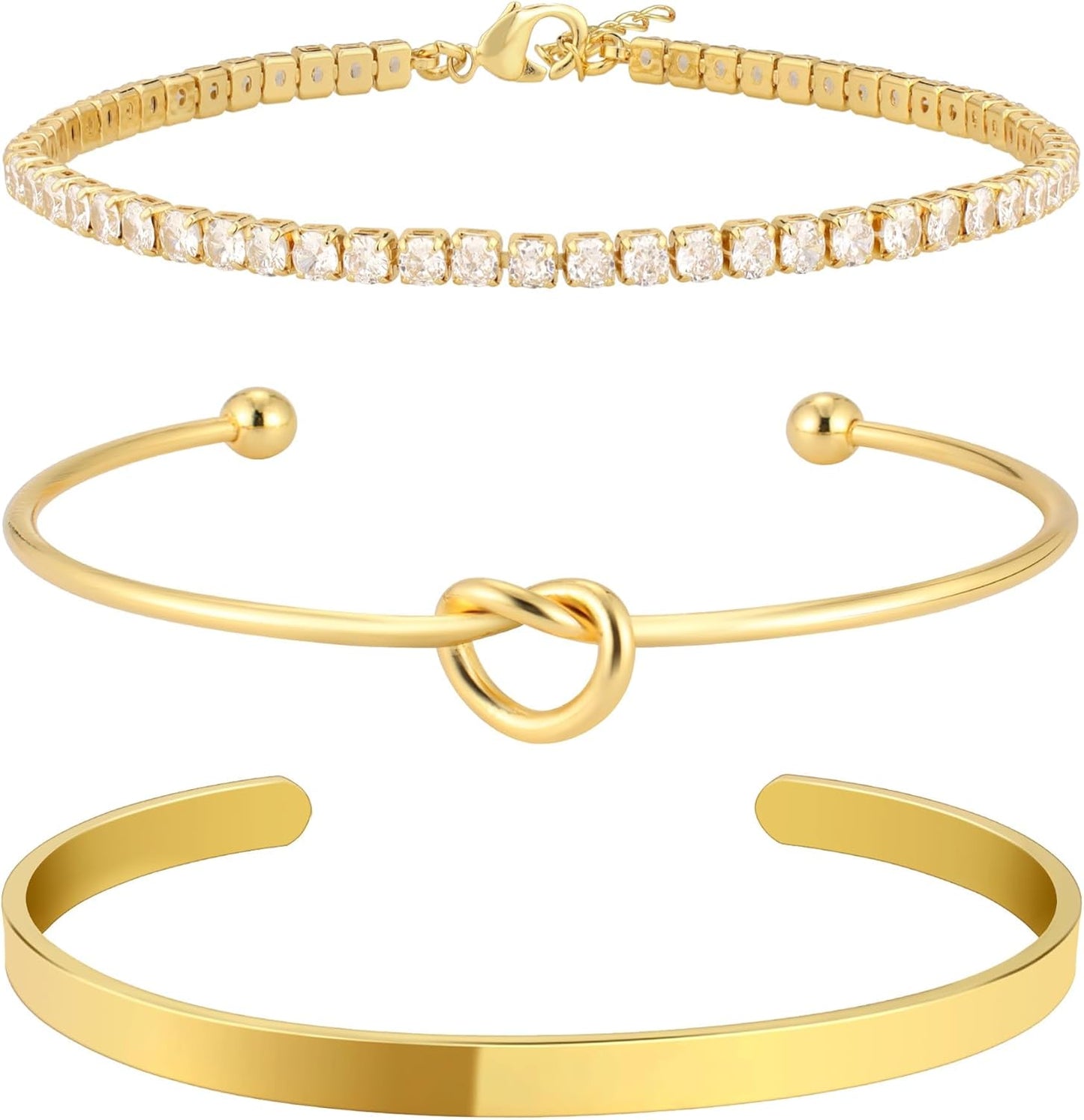 Gold Bangle Cuff Bracelets for Women 14k Gold Plated Cubic Zirconia Tennis Bracelet Non tarnish Love Knot Bracelets Stack Cuff Bangles Adjustable Jewelry Set for Women 3pcs
