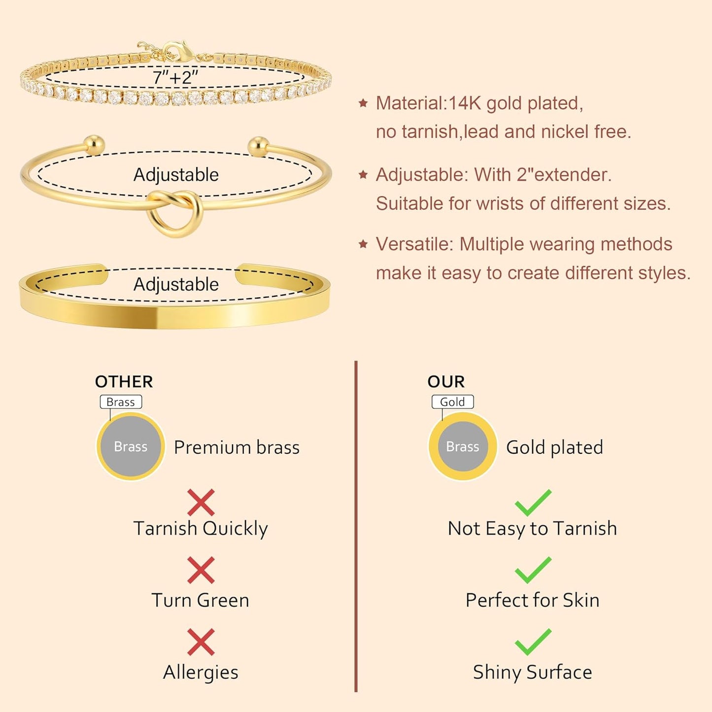 Gold Bangle Cuff Bracelets for Women 14k Gold Plated Cubic Zirconia Tennis Bracelet Non tarnish Love Knot Bracelets Stack Cuff Bangles Adjustable Jewelry Set for Women 3pcs